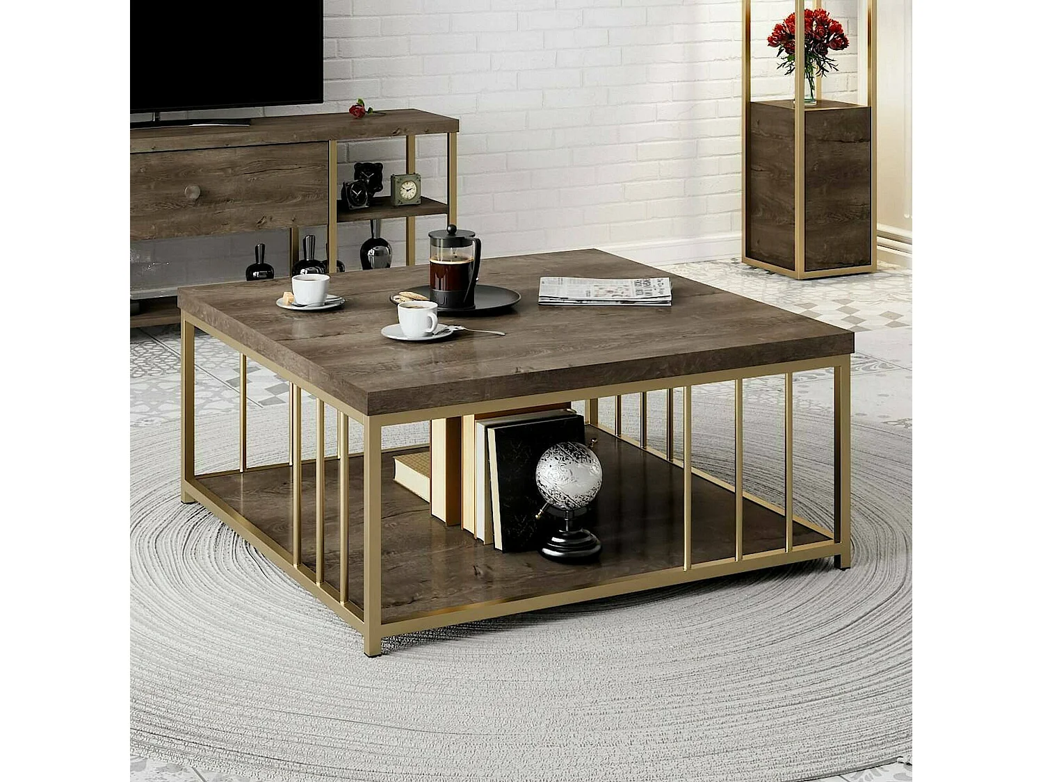 Table basse Ankaa, Table basse, Porte-revues pour canapé, Etagère de salon, 90x90h40 cm, Noyer et Or