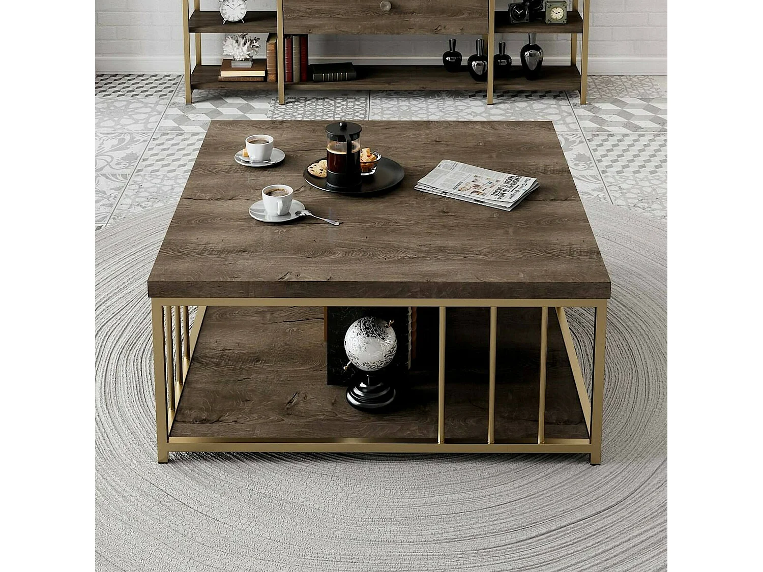 Table basse Ankaa, Table basse, Porte-revues pour canapé, Etagère de salon, 90x90h40 cm, Noyer et Or