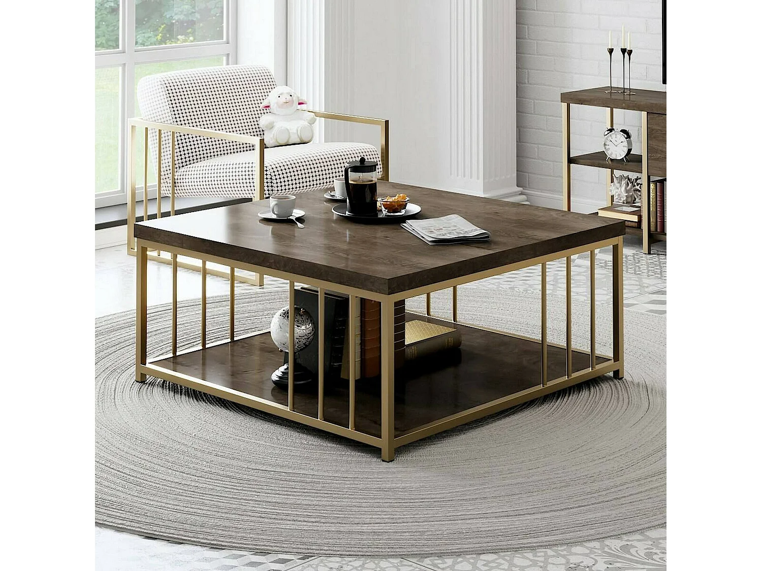 Table basse Ankaa, Table basse, Porte-revues pour canapé, Etagère de salon, 90x90h40 cm, Noyer et Or
