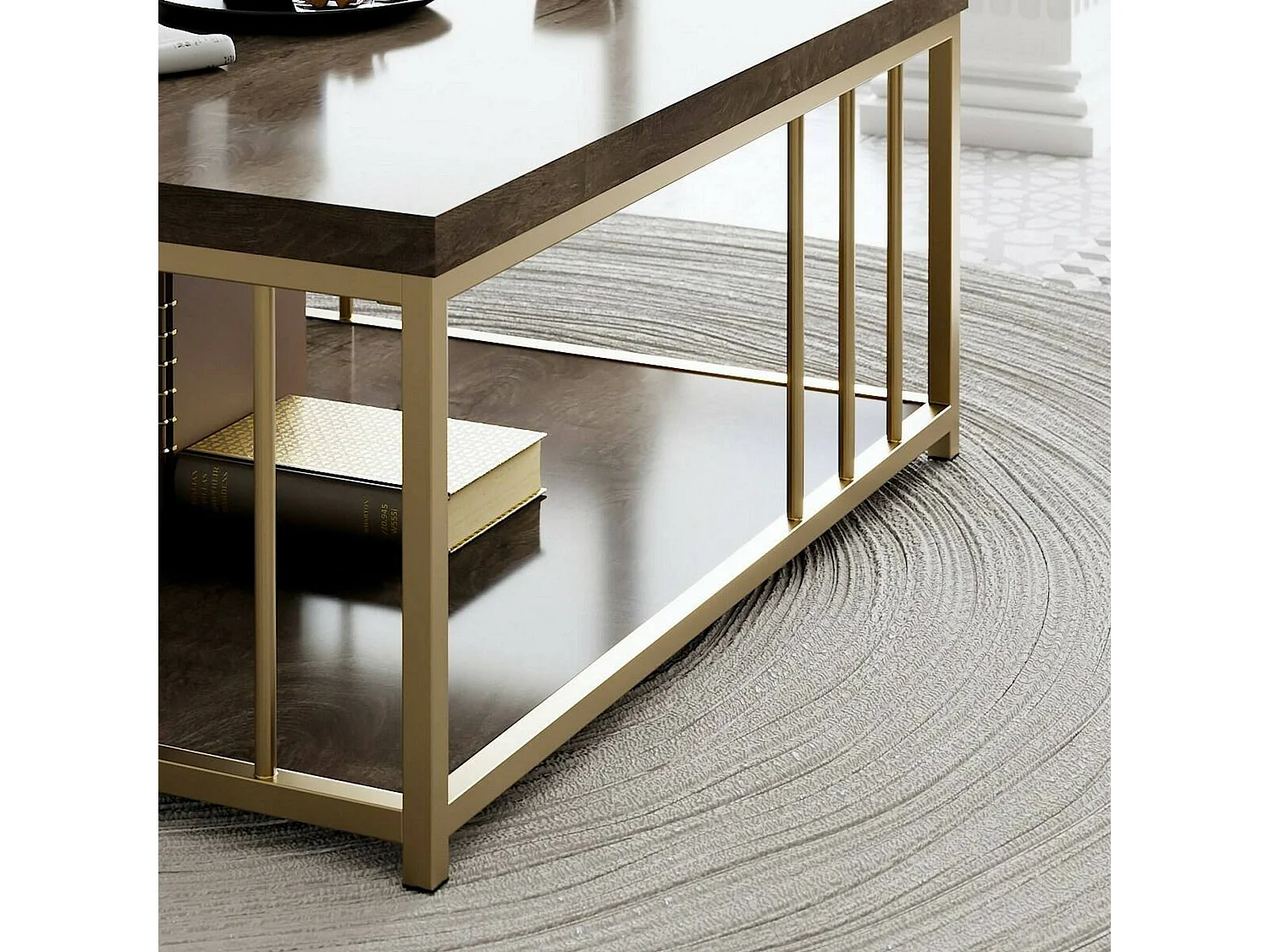 Table basse Ankaa, Table basse, Porte-revues pour canapé, Etagère de salon, 90x90h40 cm, Noyer et Or