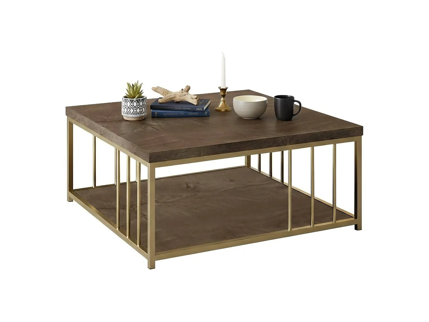 Table basse Ankaa, Table basse, Porte-revues pour canapé, Etagère de salon, 90x90h40 cm, Noyer et Or