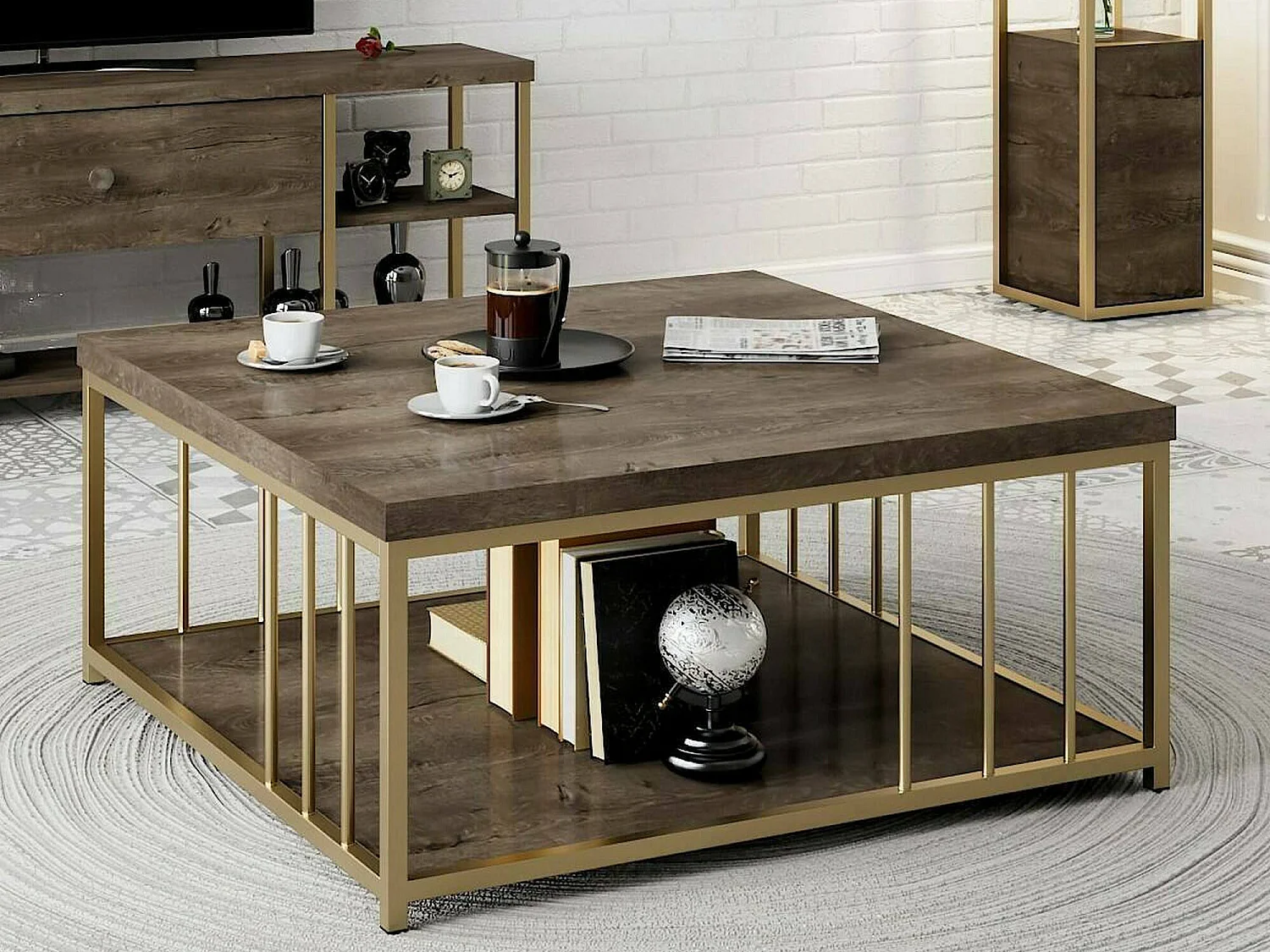 Table basse Ankaa, Table basse, Porte-revues pour canapé, Etagère de salon, 90x90h40 cm, Noyer et Or