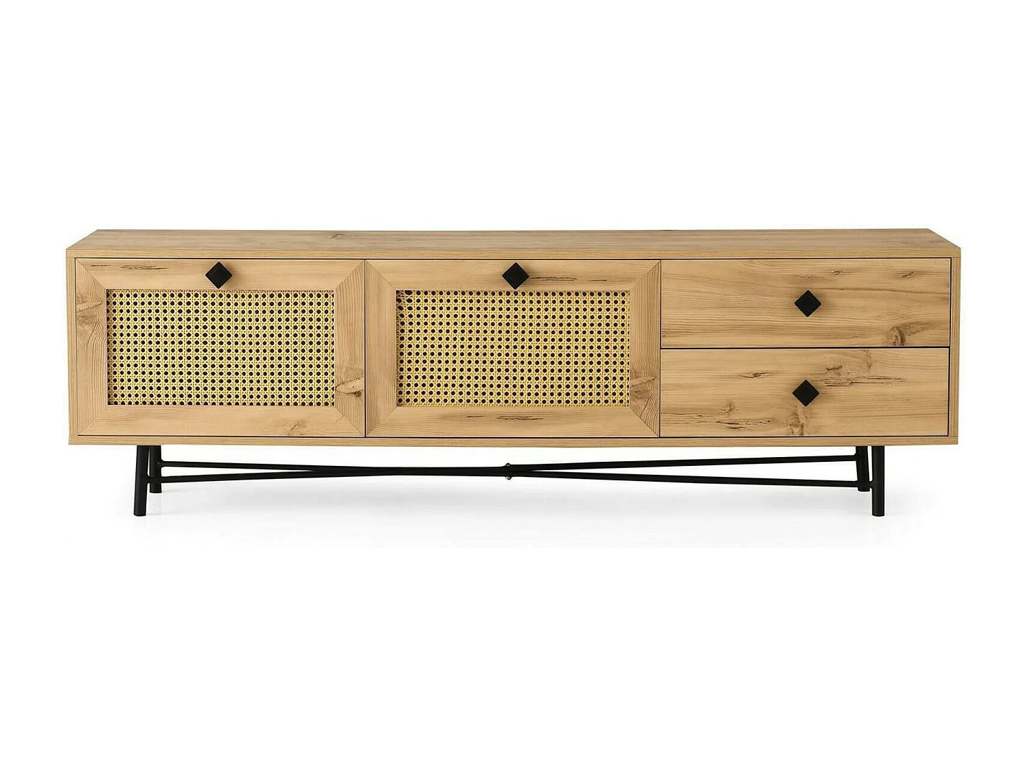 Fernsehschrank Dmarchin, Ständer für Wohnzimmerfernseher, Niedriges Wohnzimmer-Sideboard, TV-Ständerbasis, 180x40h60 cm, Eiche und Schwarz