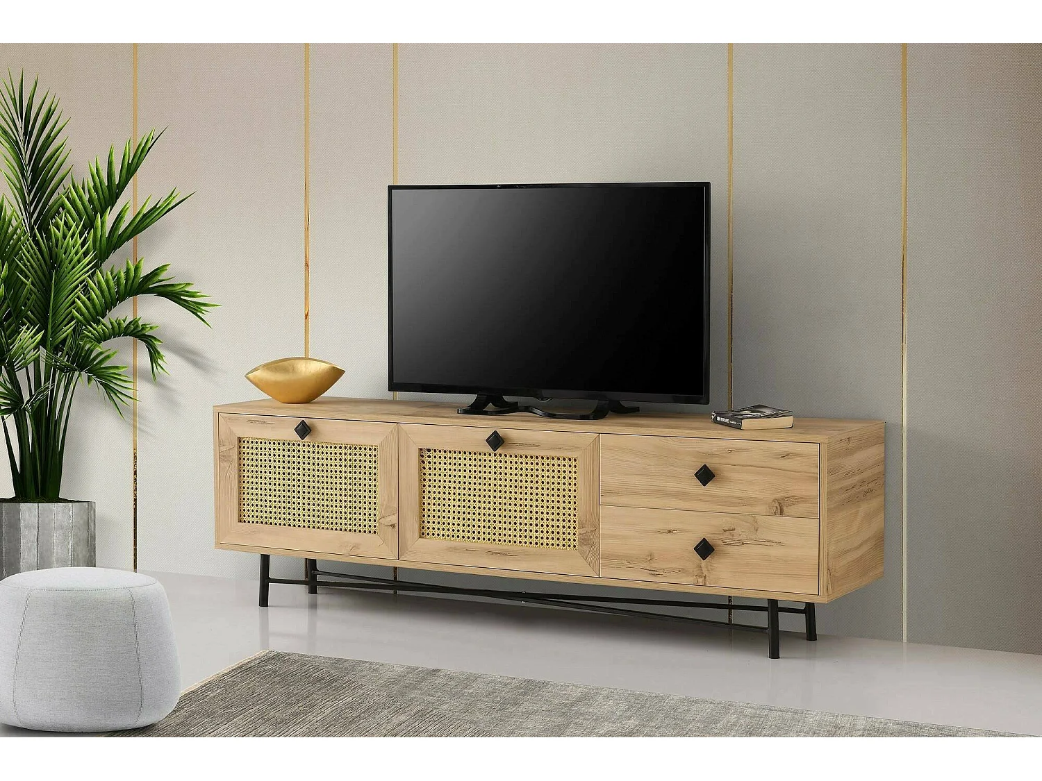 Fernsehschrank Dmarchin, Ständer für Wohnzimmerfernseher, Niedriges Wohnzimmer-Sideboard, TV-Ständerbasis, 180x40h60 cm, Eiche und Schwarz