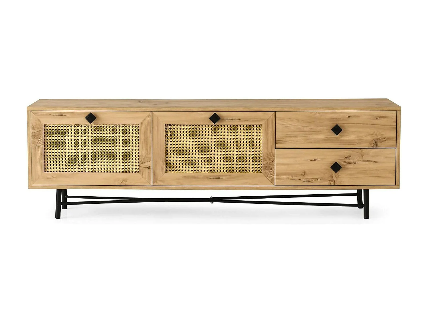 Fernsehschrank Dmarchin, Ständer für Wohnzimmerfernseher, Niedriges Wohnzimmer-Sideboard, TV-Ständerbasis, 180x40h60 cm, Eiche und Schwarz