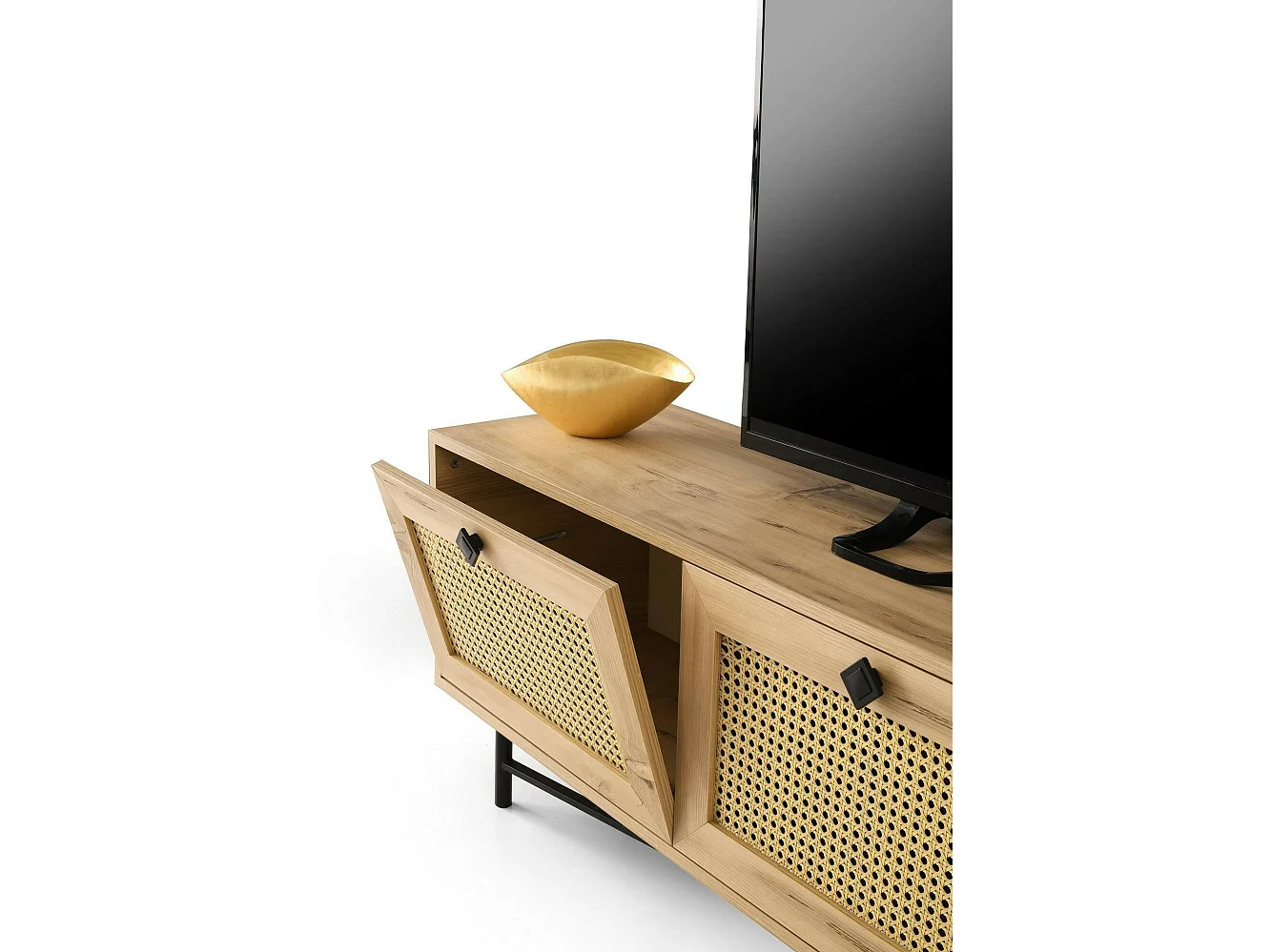 Fernsehschrank Dmarchin, Ständer für Wohnzimmerfernseher, Niedriges Wohnzimmer-Sideboard, TV-Ständerbasis, 180x40h60 cm, Eiche und Schwarz