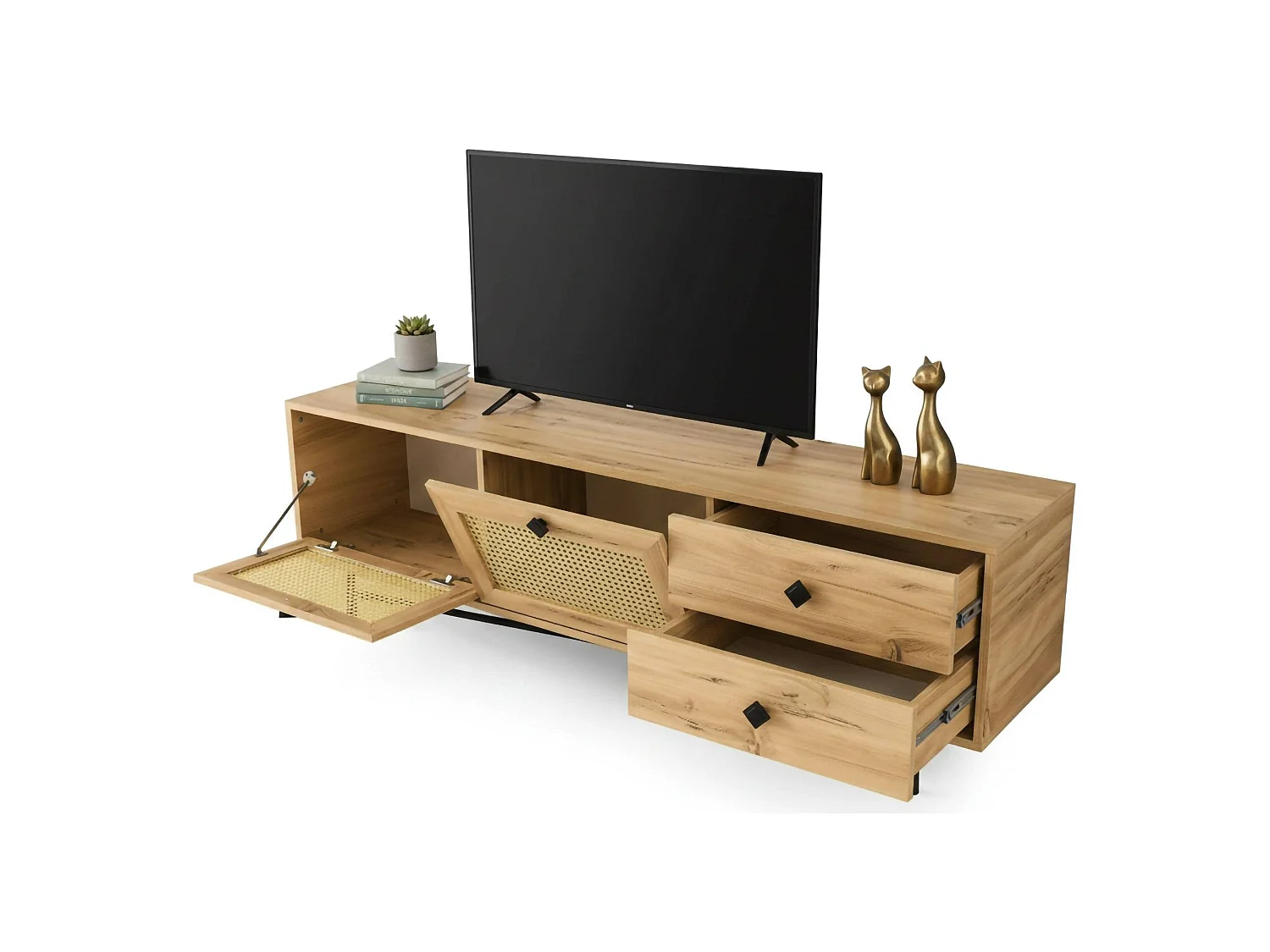 Armário de TV DmarcHin, Aparador de sala, Armário de TV baixo, Base de parede equipada, 180x40h60 cm, Carvalho e Preto