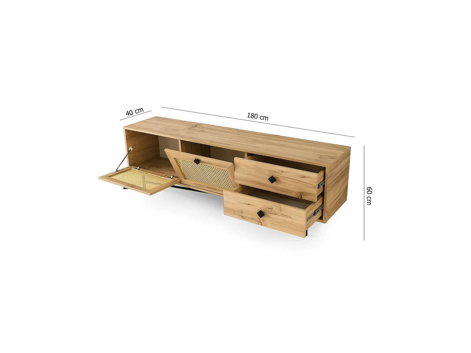 Armário de TV DmarcHin, Aparador de sala, Armário de TV baixo, Base de parede equipada, 180x40h60 cm, Carvalho e Preto