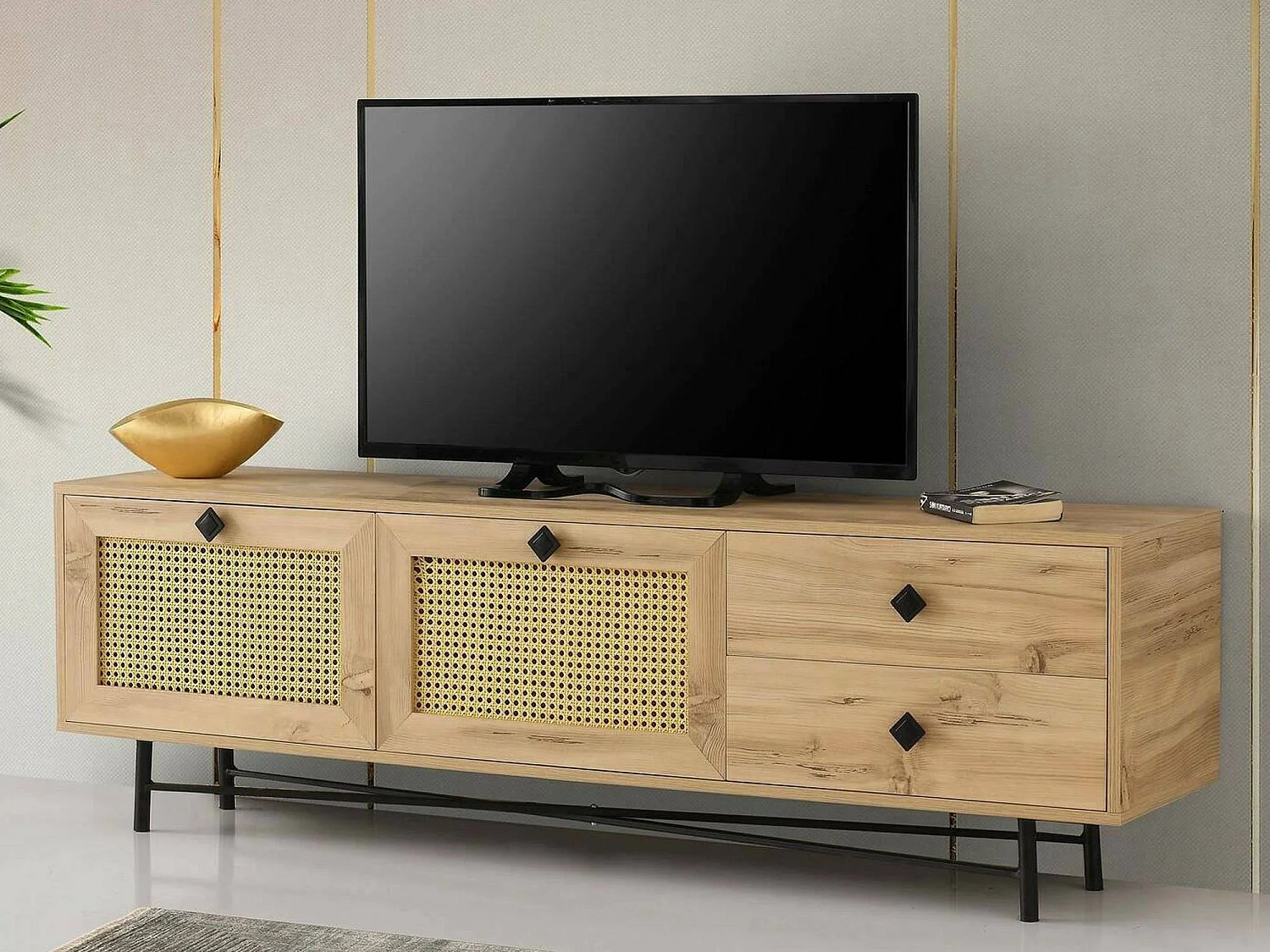 Armário de TV DmarcHin, Aparador de sala, Armário de TV baixo, Base de parede equipada, 180x40h60 cm, Carvalho e Preto
