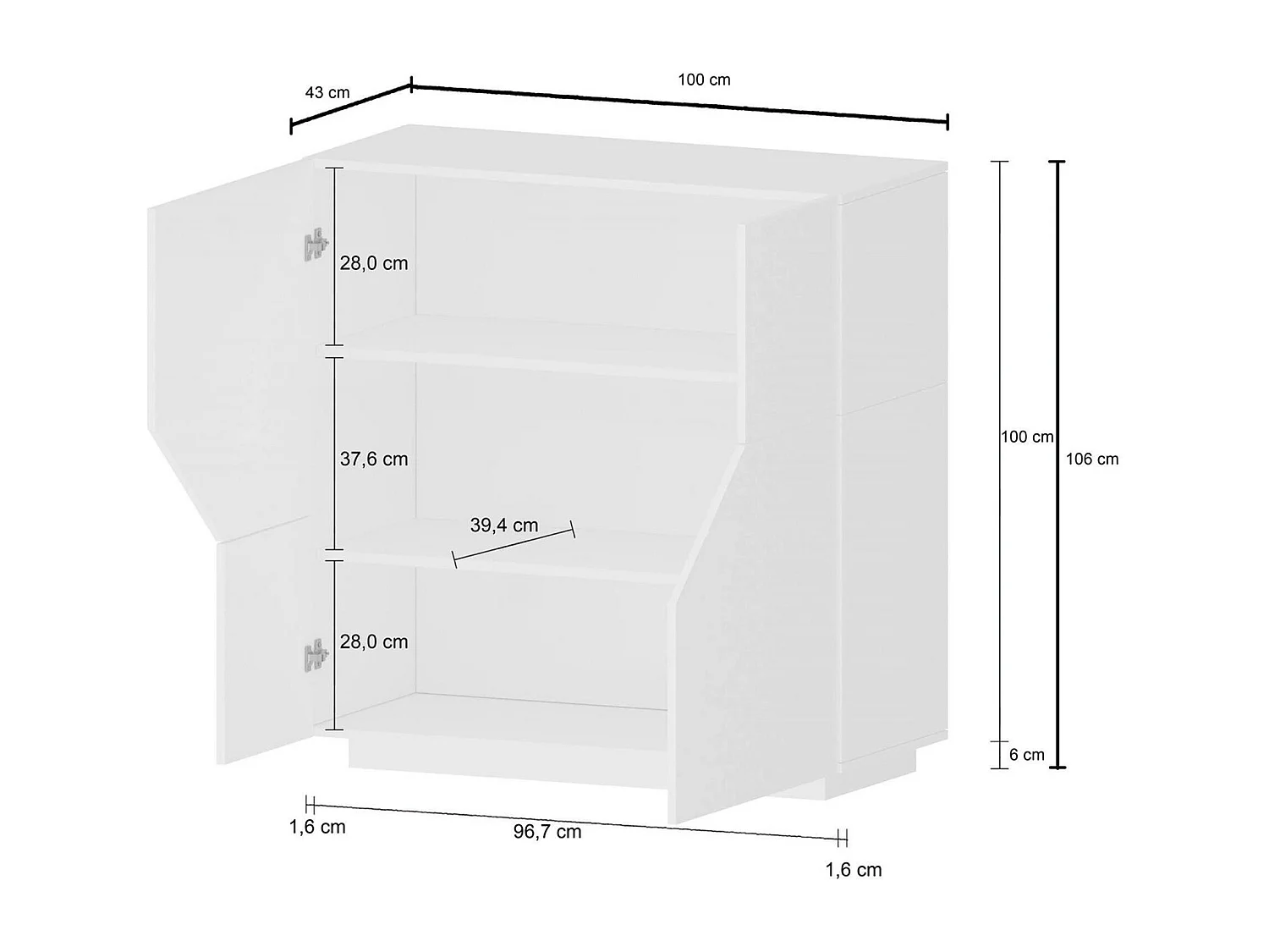 Dmora Dressoir Nathan 43x100x106h cm Hoogglans Wit, 1 Plank, 2 Deuren, 2 Vakken, Made in Italy