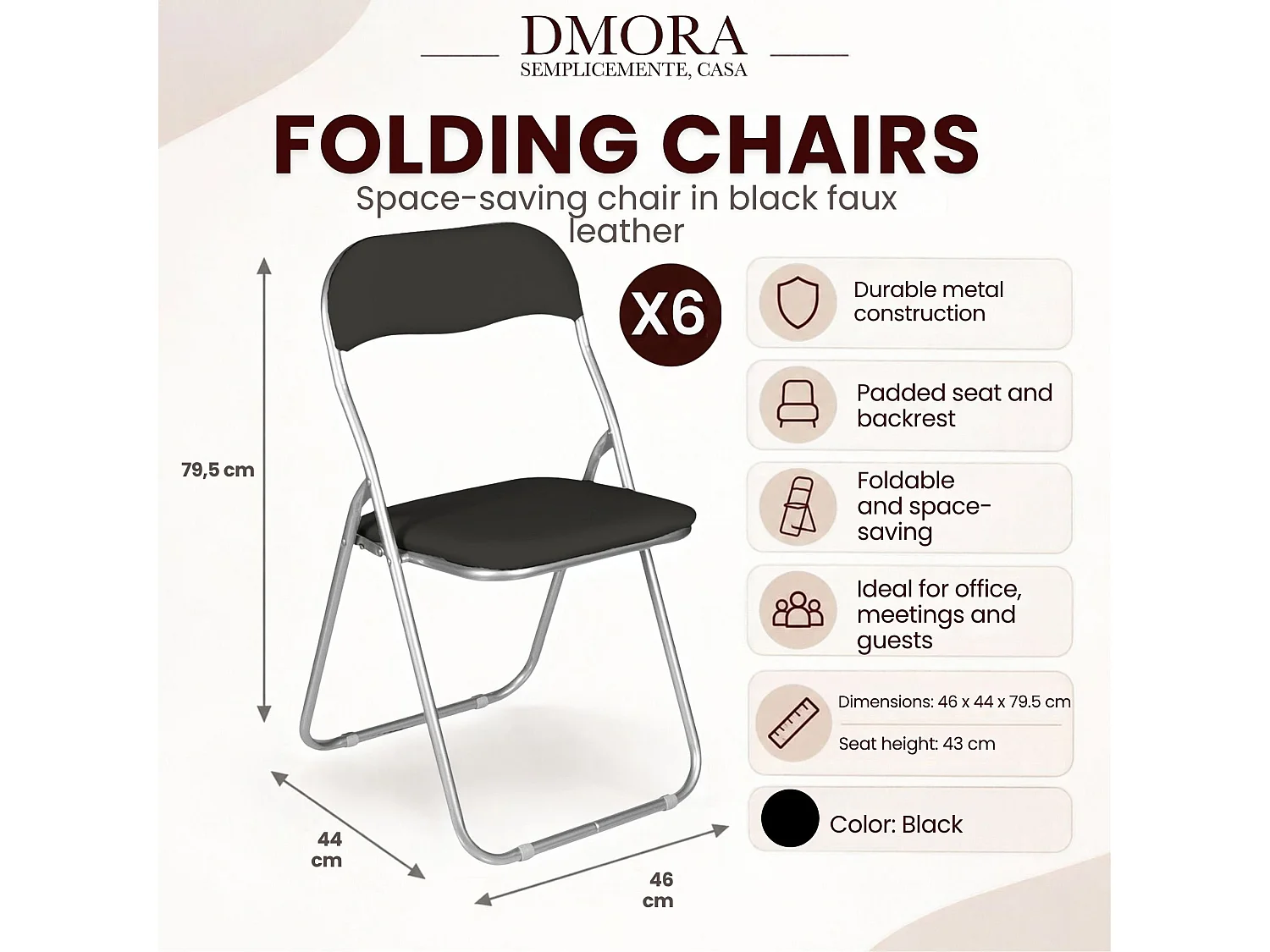 Lot de 6 chaises pliantes Dgraf, Fauteuil gain de place, Chaise invité, Siège de réunion en simili cuir, 43x47h80 cm, Noir