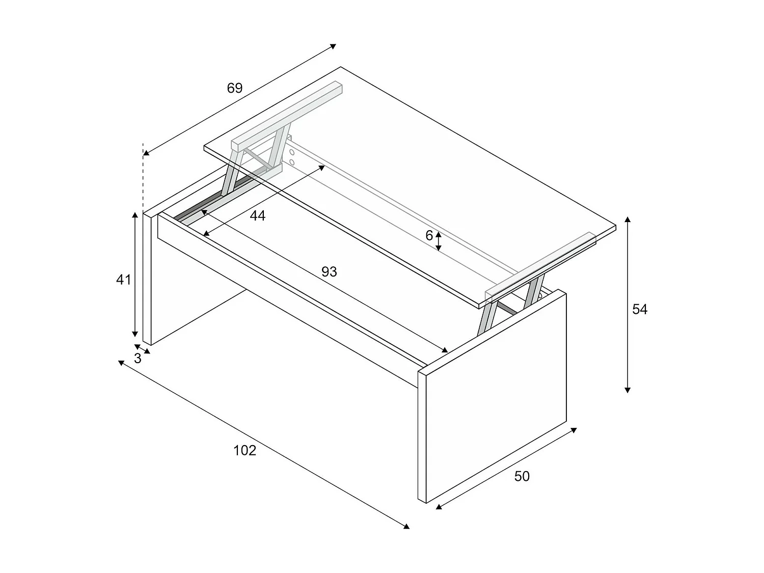 Table basse Ontario, Table basse avec plateau relevable, Table basse de salon, 102x50h43/54 cm, Blanc brillant