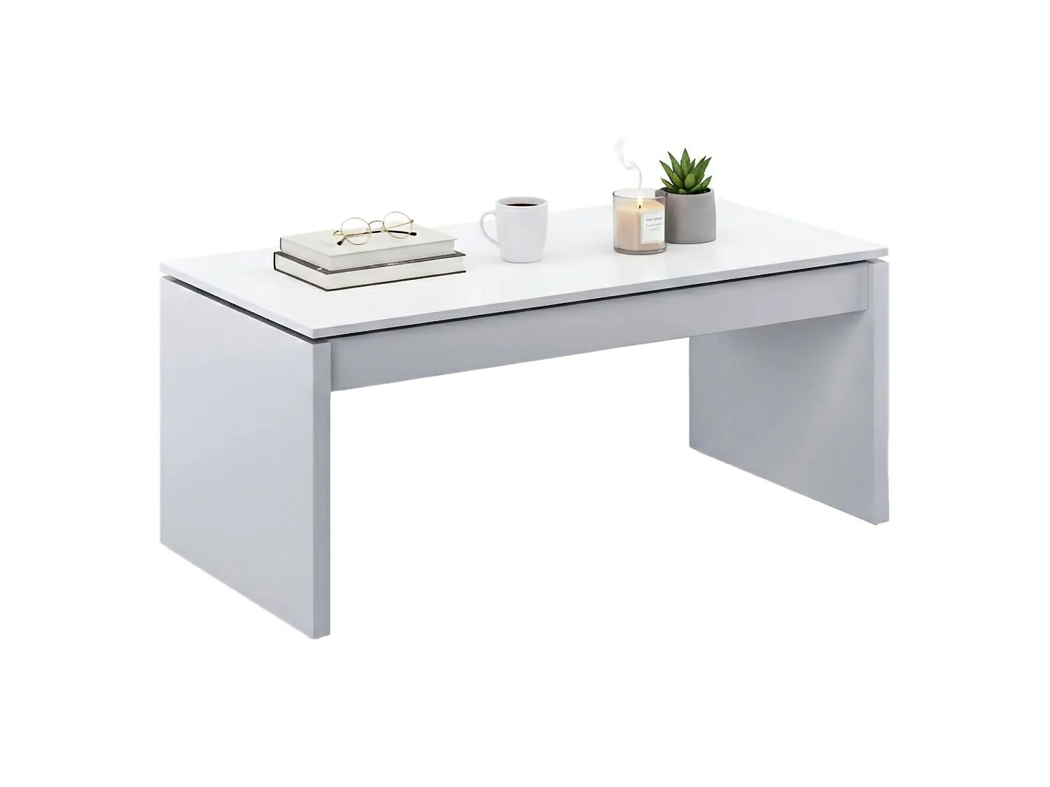 Table basse Ontario, Table basse avec plateau relevable, Table basse de salon, 102x50h43/54 cm, Blanc brillant