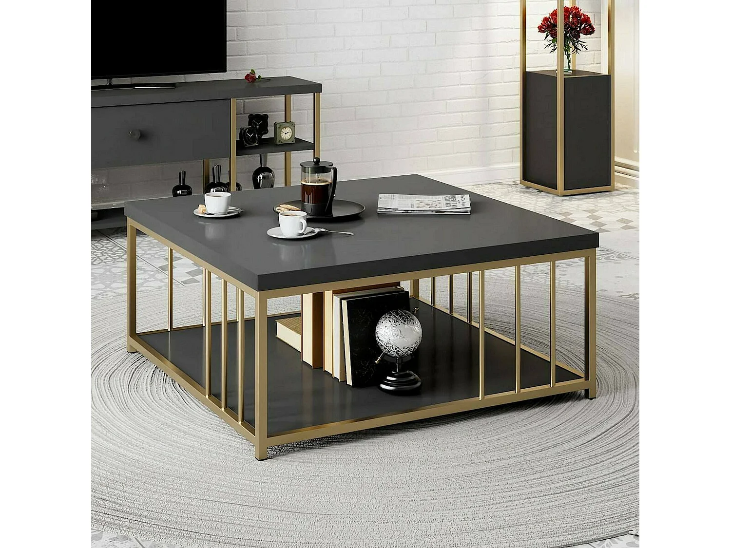 Mesa de café Dfedrizz, Mesa de café baixo, Porta-revistas para sofá, Prateleira para sala de estar, 90x90h40 cm, Antracite e Ouro
