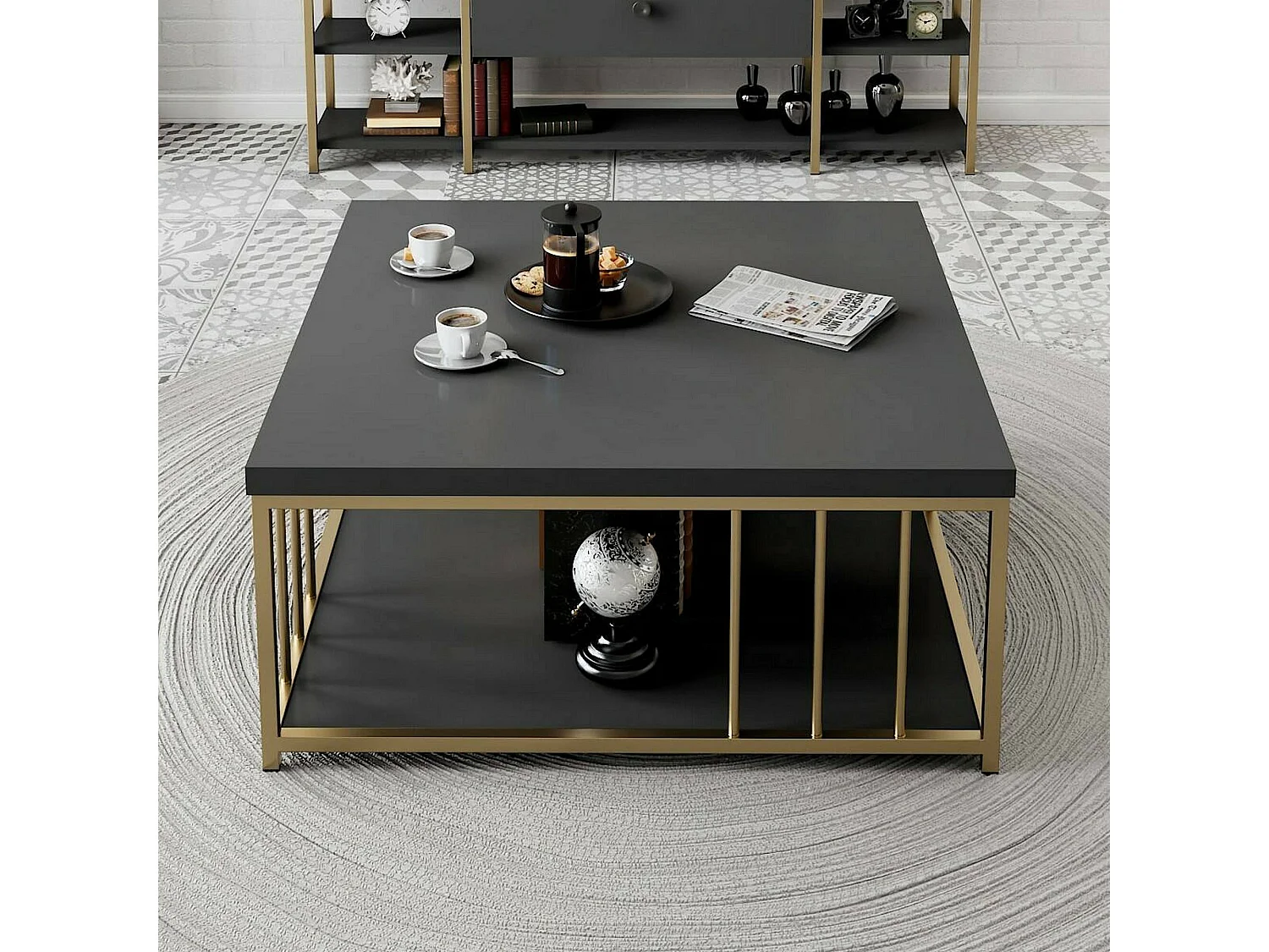 Mesa de café Dfedrizz, Mesa de café baixo, Porta-revistas para sofá, Prateleira para sala de estar, 90x90h40 cm, Antracite e Ouro