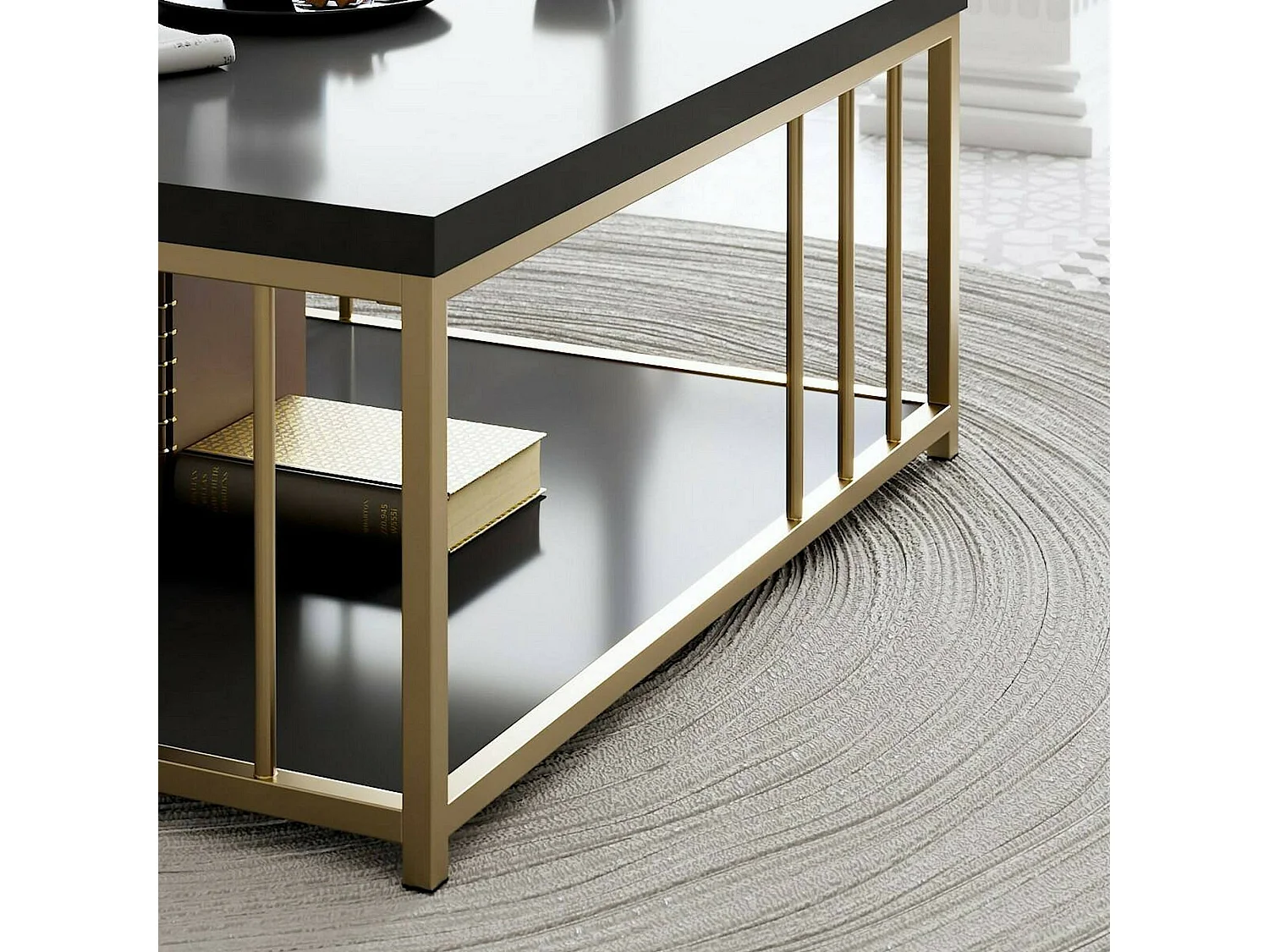 Mesa de café Dfedrizz, Mesa de café baixo, Porta-revistas para sofá, Prateleira para sala de estar, 90x90h40 cm, Antracite e Ouro