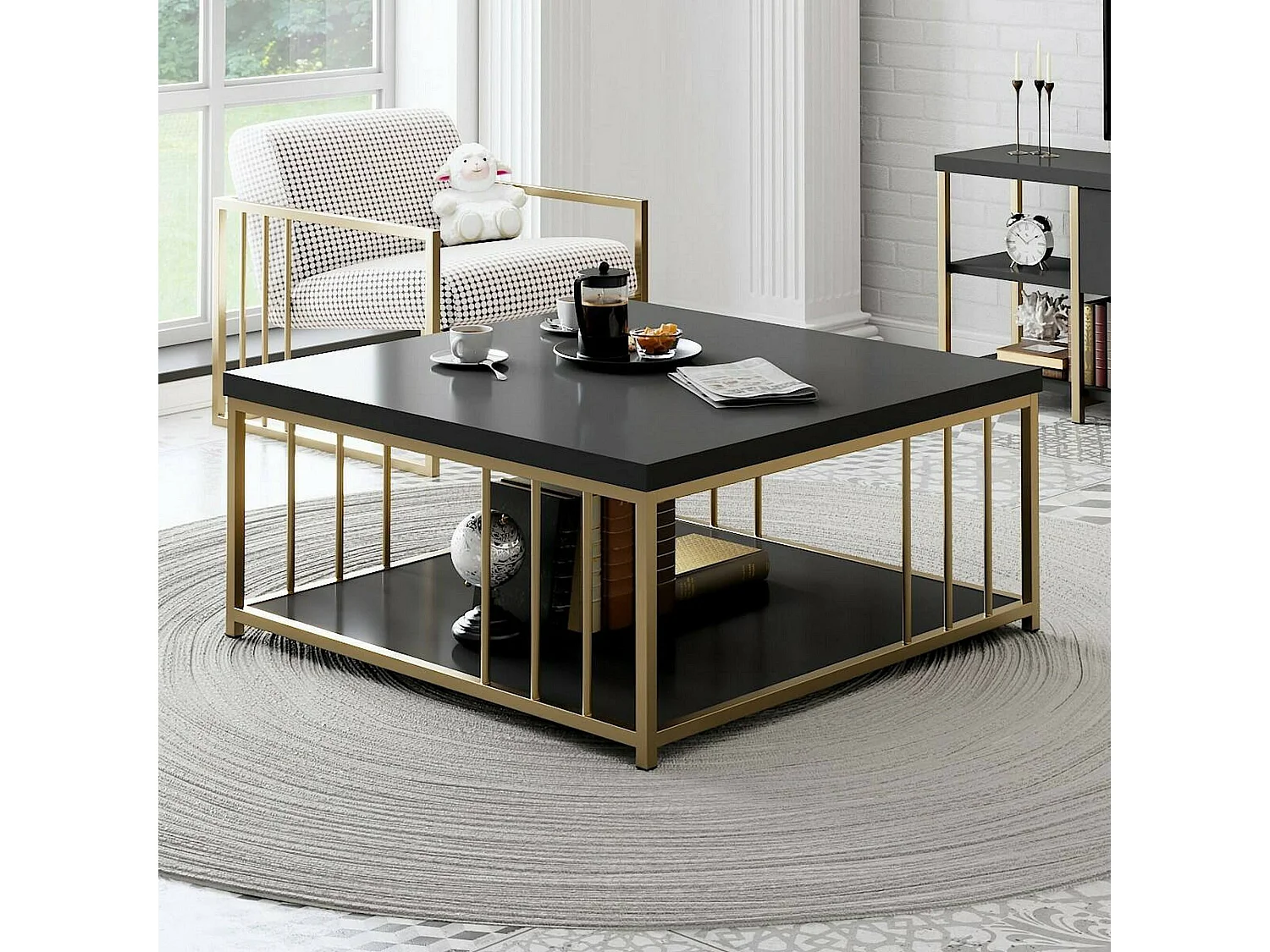 Mesa de café Dfedrizz, Mesa de café baixo, Porta-revistas para sofá, Prateleira para sala de estar, 90x90h40 cm, Antracite e Ouro
