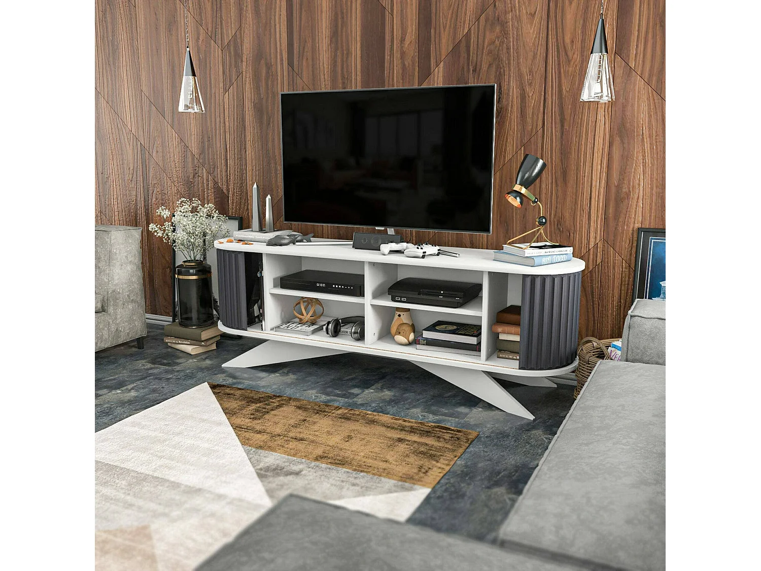 Mueble de televisión Desteve, Aparador de salón, Mueble bajo para TV, Base de pared equipada, 180x43h60 cm, Antracita y Blanco