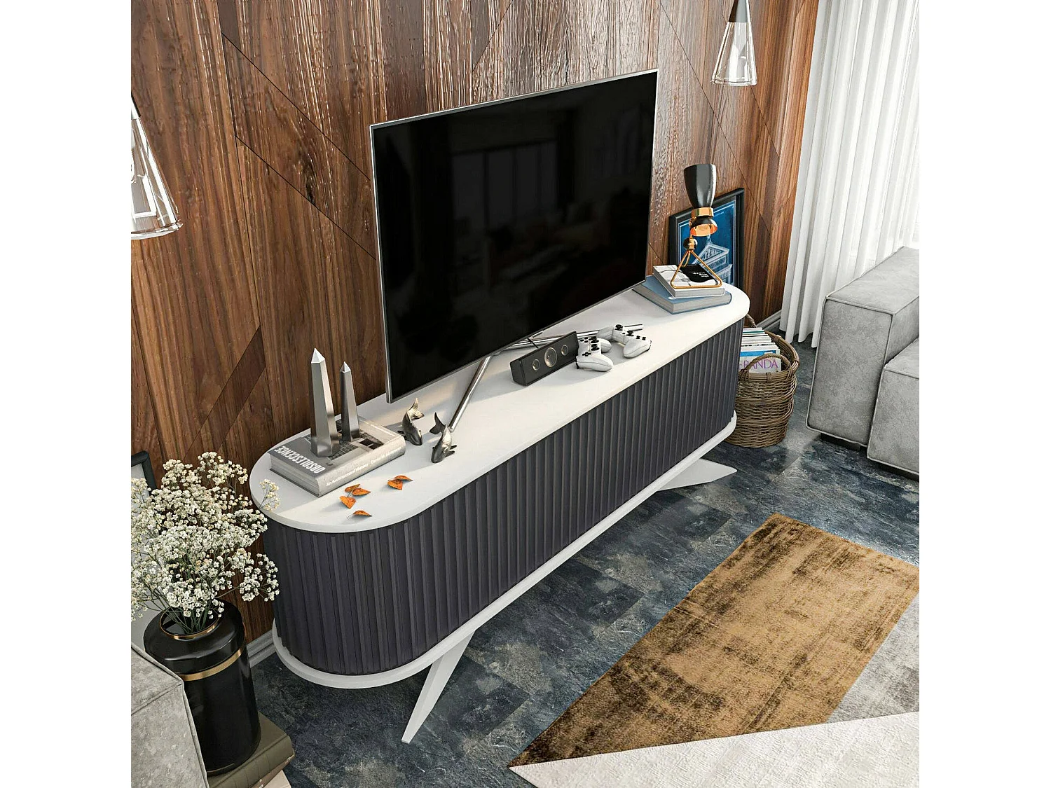 Meuble TV Aludra, Buffet de salon, Armoire basse pour TV, Base murale de rangement, 180x43h60 cm, Anthracite et Blanc