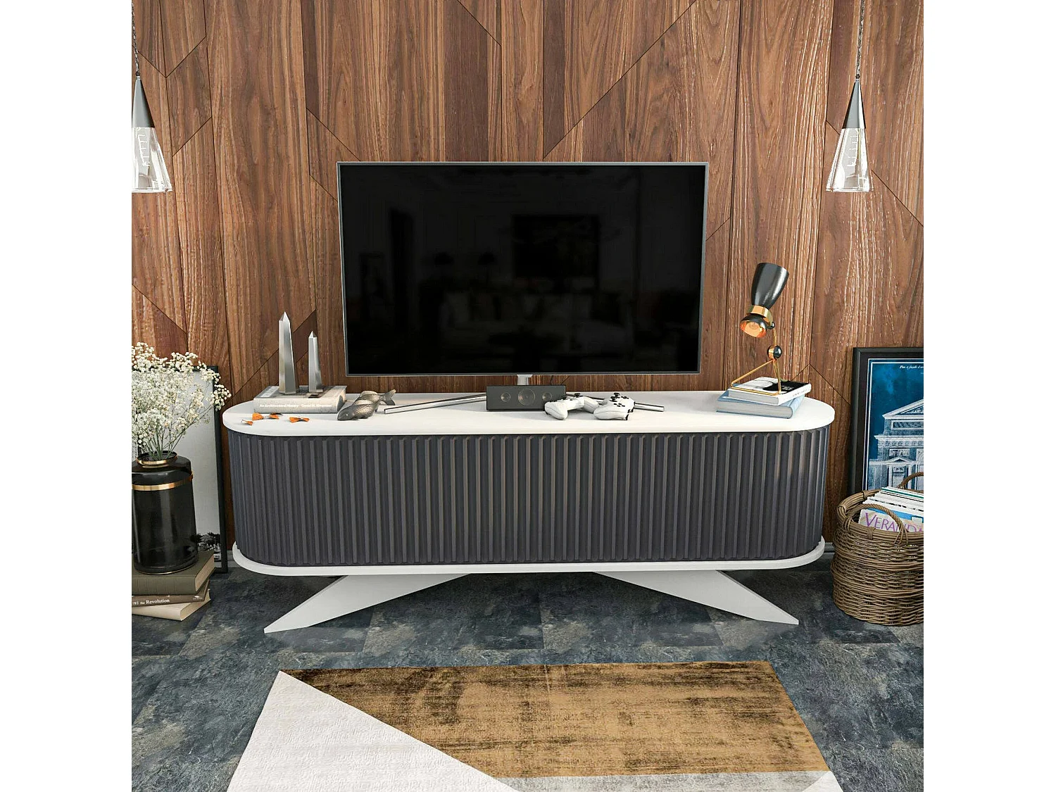 Meuble TV Aludra, Buffet de salon, Armoire basse pour TV, Base murale de rangement, 180x43h60 cm, Anthracite et Blanc