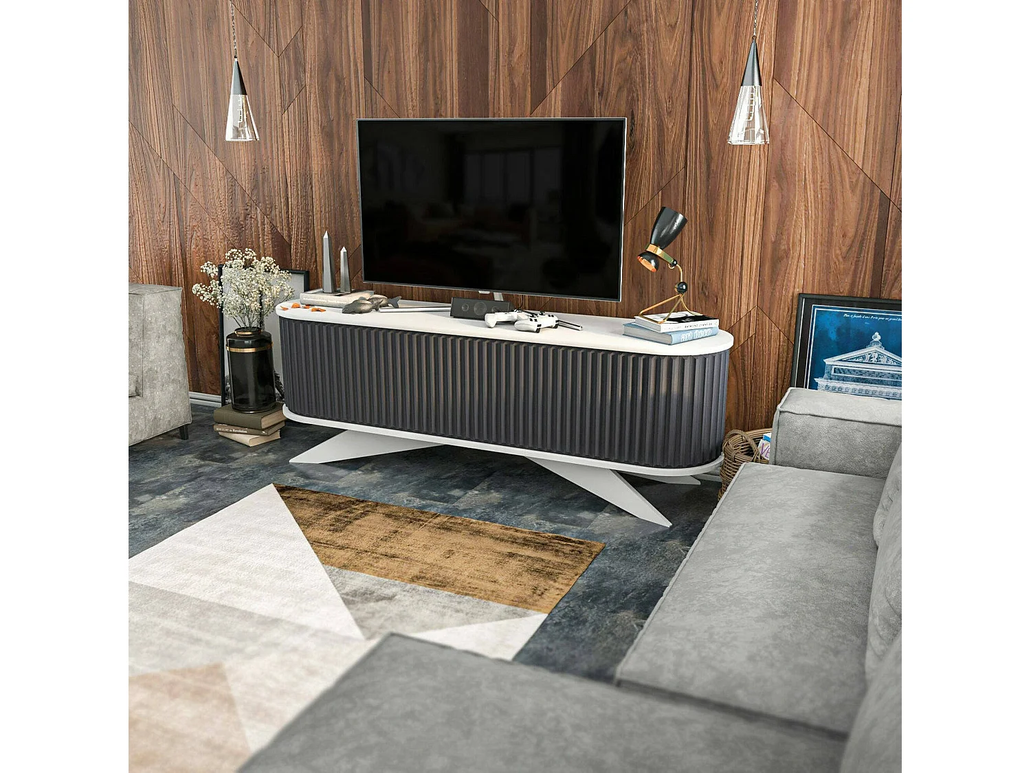Meuble TV Aludra, Buffet de salon, Armoire basse pour TV, Base murale de rangement, 180x43h60 cm, Anthracite et Blanc