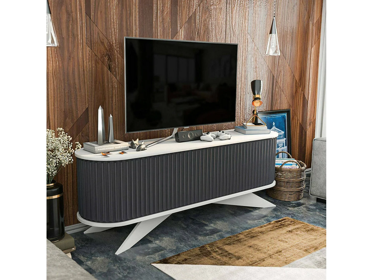 Meuble TV Aludra, Buffet de salon, Armoire basse pour TV, Base murale de rangement, 180x43h60 cm, Anthracite et Blanc