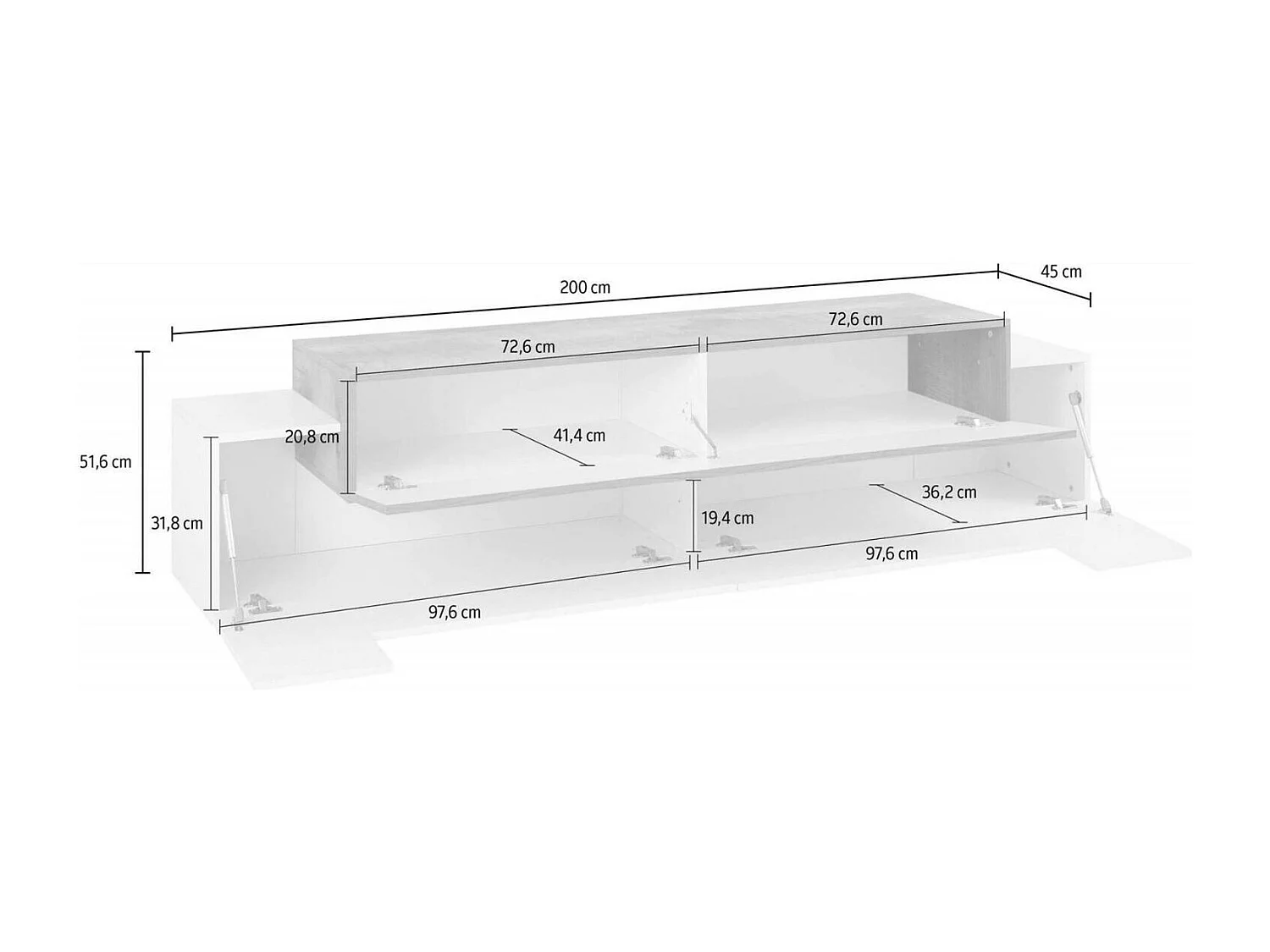 Dmora Tv-meubel Teo 45x200x52h cm Wit Glanzend, 3 Planken, 4 Vakken, 3 Deuren, Made in Italy