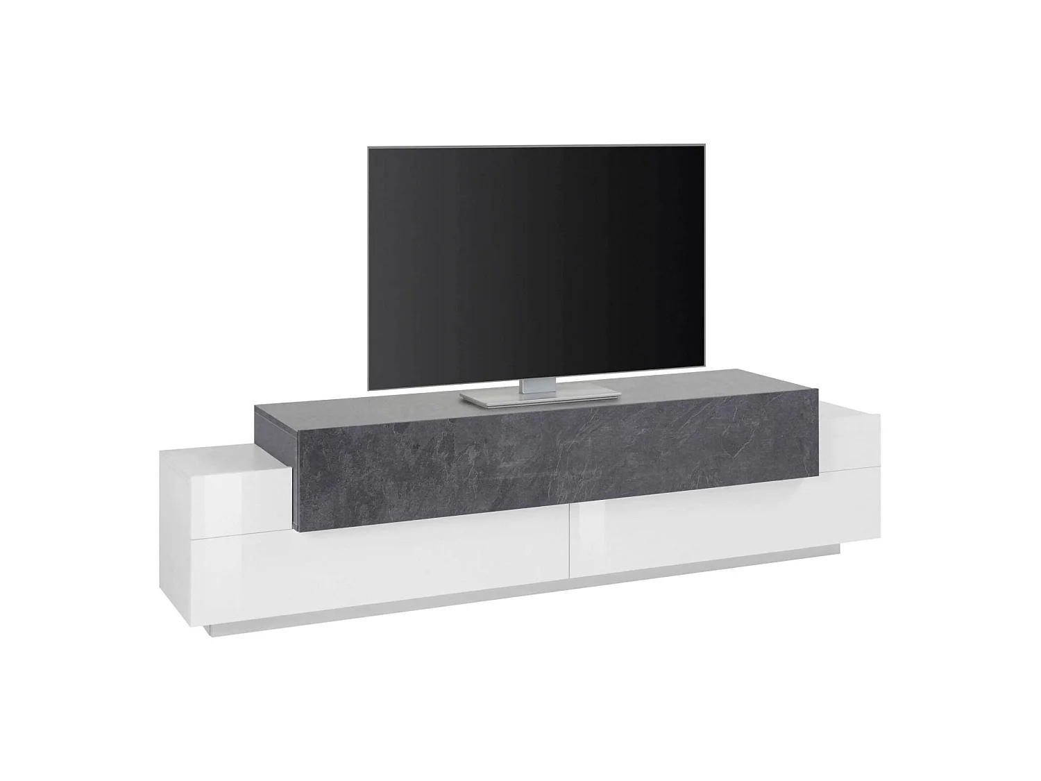 Dmora Tv-meubel Teo 45x200x52h cm Wit Glanzend, 3 Planken, 4 Vakken, 3 Deuren, Made in Italy