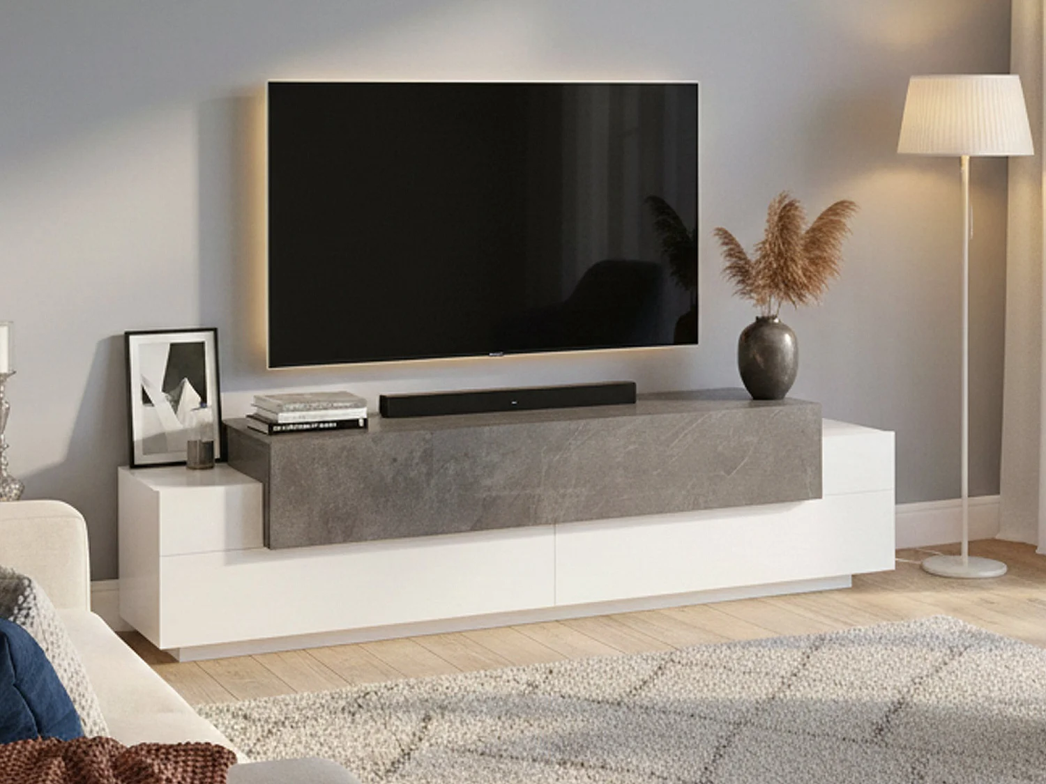 Dmora Tv-meubel Teo 45x200x52h cm Wit Glanzend, 3 Planken, 4 Vakken, 3 Deuren, Made in Italy