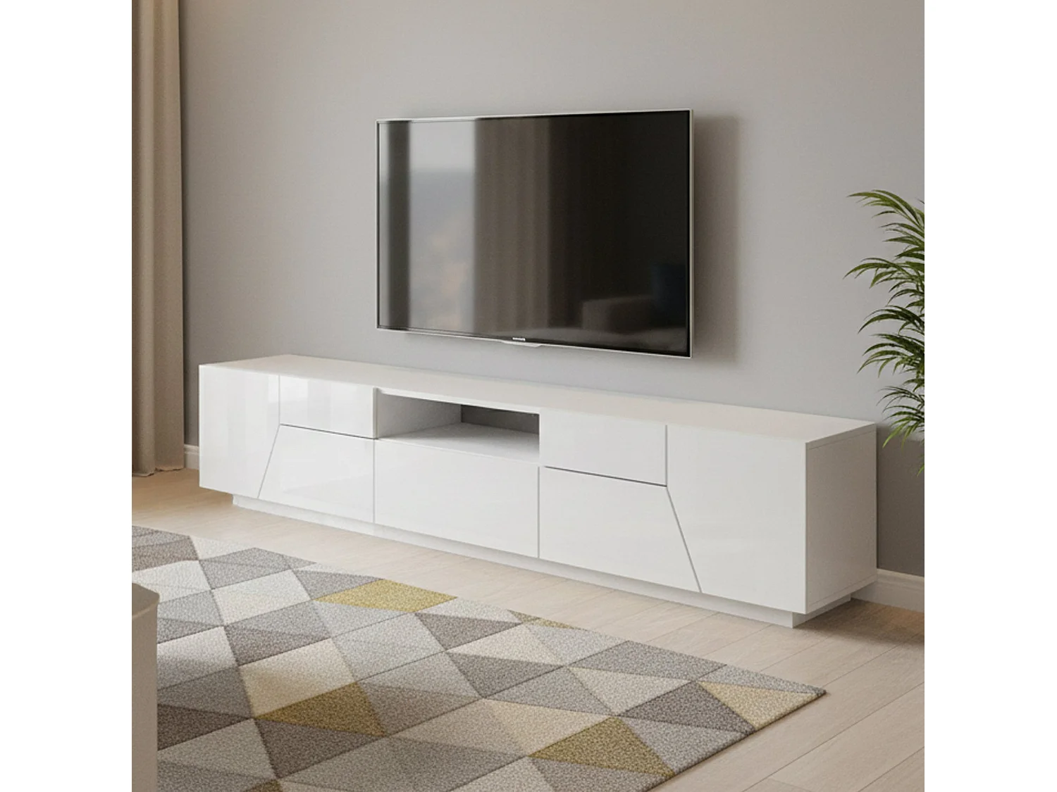 Meuble TV Jacopo, Buffet bas de salon, Base pour meuble TV, 100% Made in Italy, 220x43h46 cm, Blanc brillant