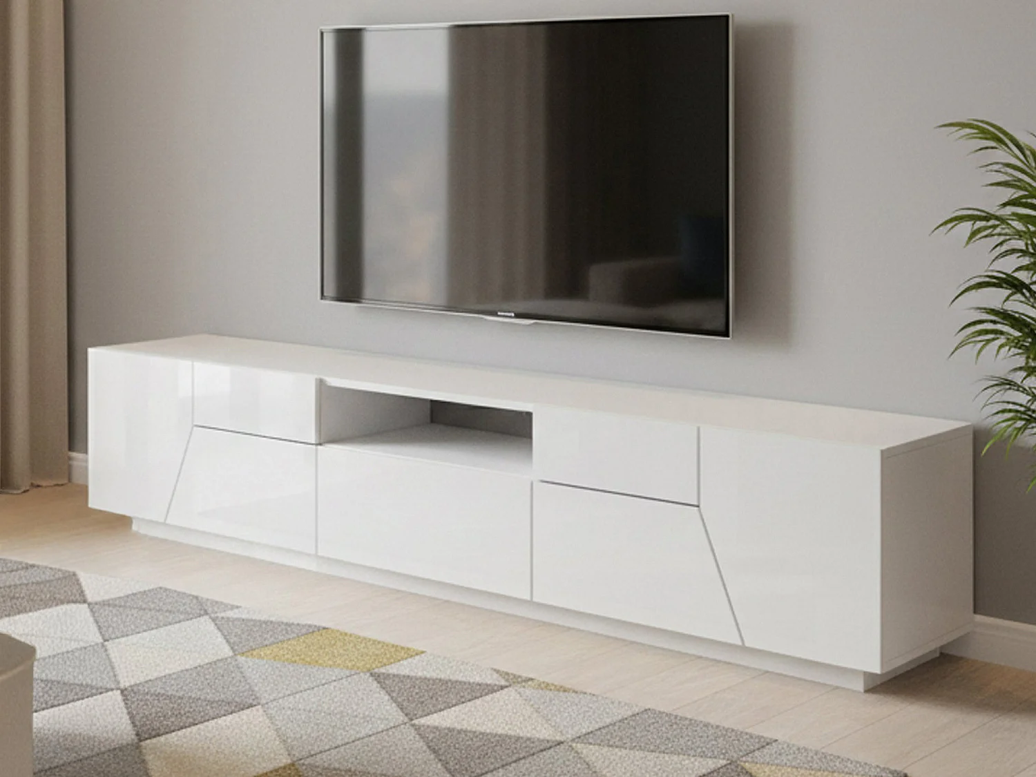 Jacopo Mueble TV, Aparador bajo de salón, Base para soporte para televisión, 100% Made in Italy, 220x43h46 cm, Blanco brillo
