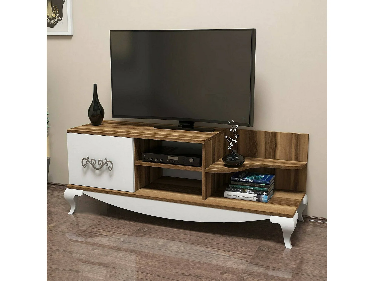 Meuble TV Zeta, Buffet de salon, Armoire basse pour TV, Base murale de rangement, 130x45h51 cm, Noyer et Blanc