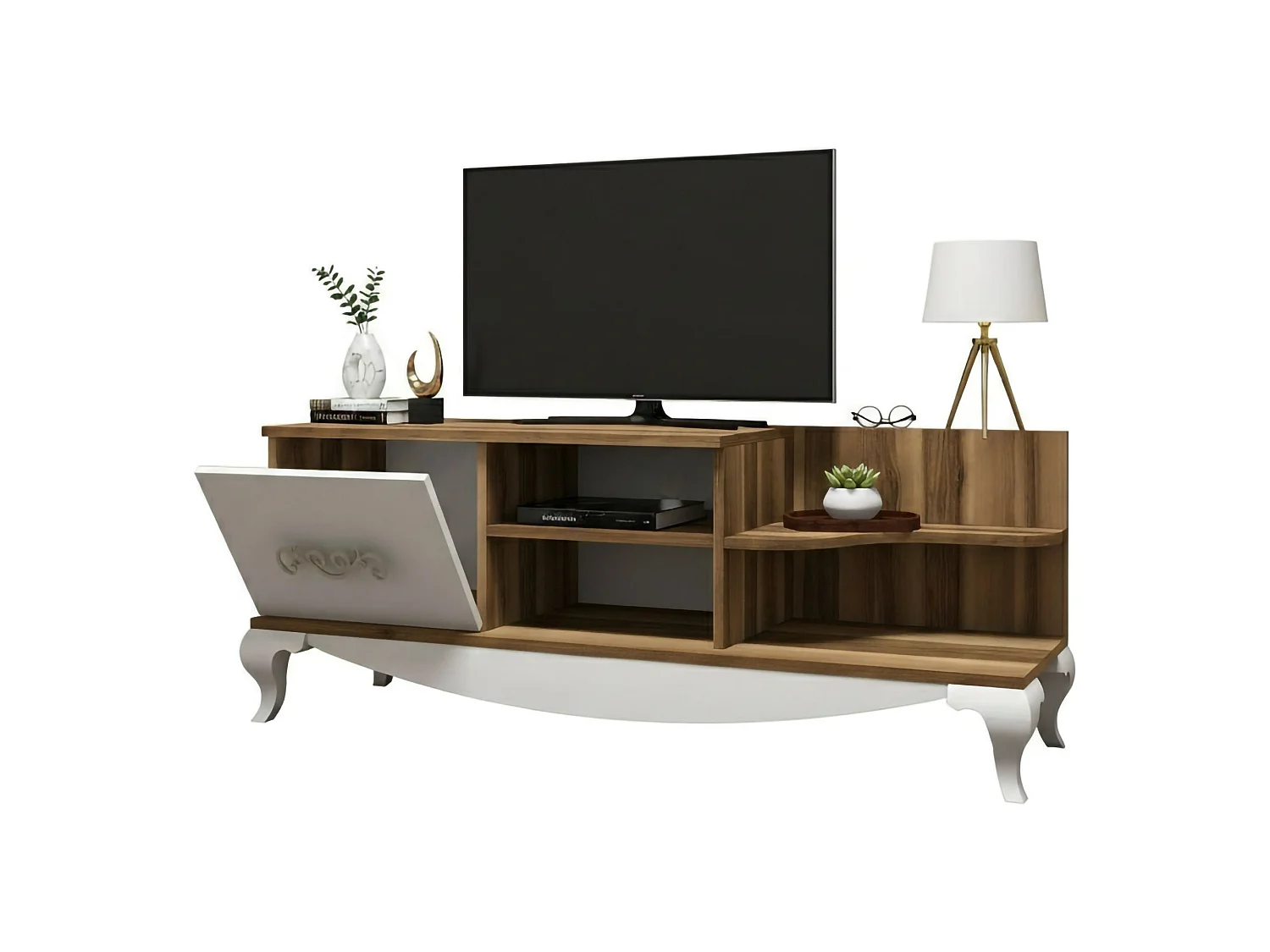 Meuble TV Zeta, Buffet de salon, Armoire basse pour TV, Base murale de rangement, 130x45h51 cm, Noyer et Blanc
