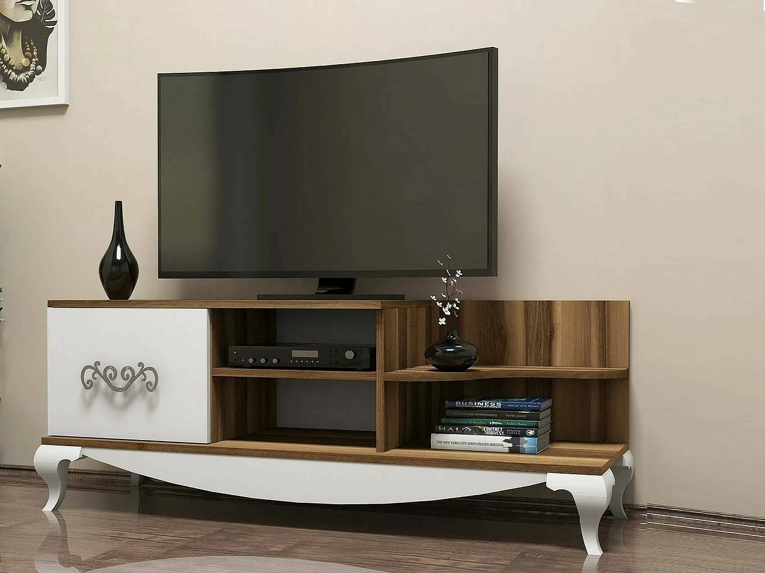 Meuble TV Zeta, Buffet de salon, Armoire basse pour TV, Base murale de rangement, 130x45h51 cm, Noyer et Blanc