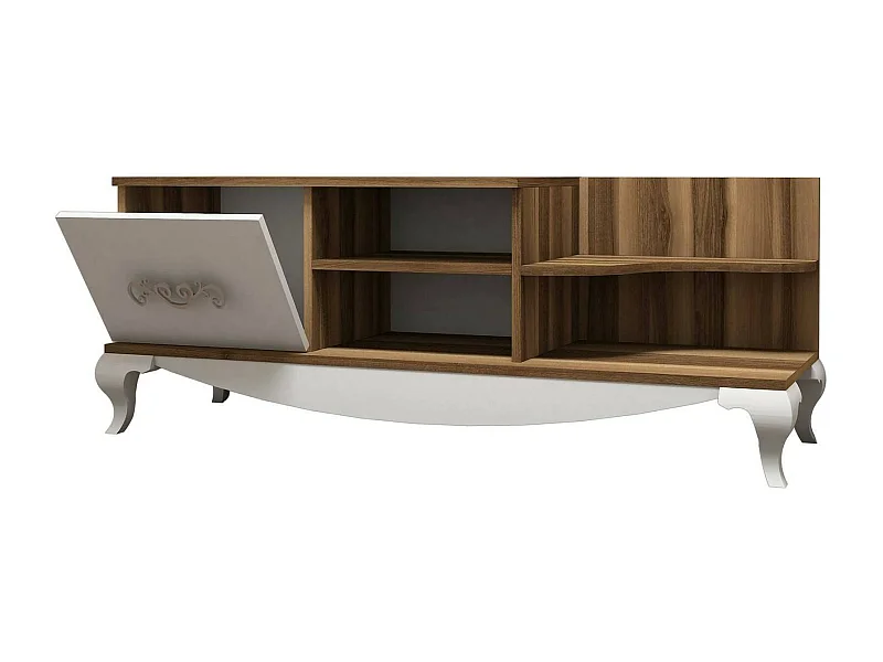 Dporrin tv-meubel, woonkamer dressoir, laag tv-meubel, inbouw wandonderstel, 130x45h51 cm, walnoot en wit