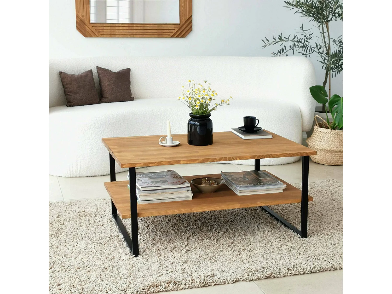 Mesa de café DlionetT, Mesa baixa para café, Porta-revistas para sofá, Prateleira para sala de estar, 85x60h40 cm, Carvalho