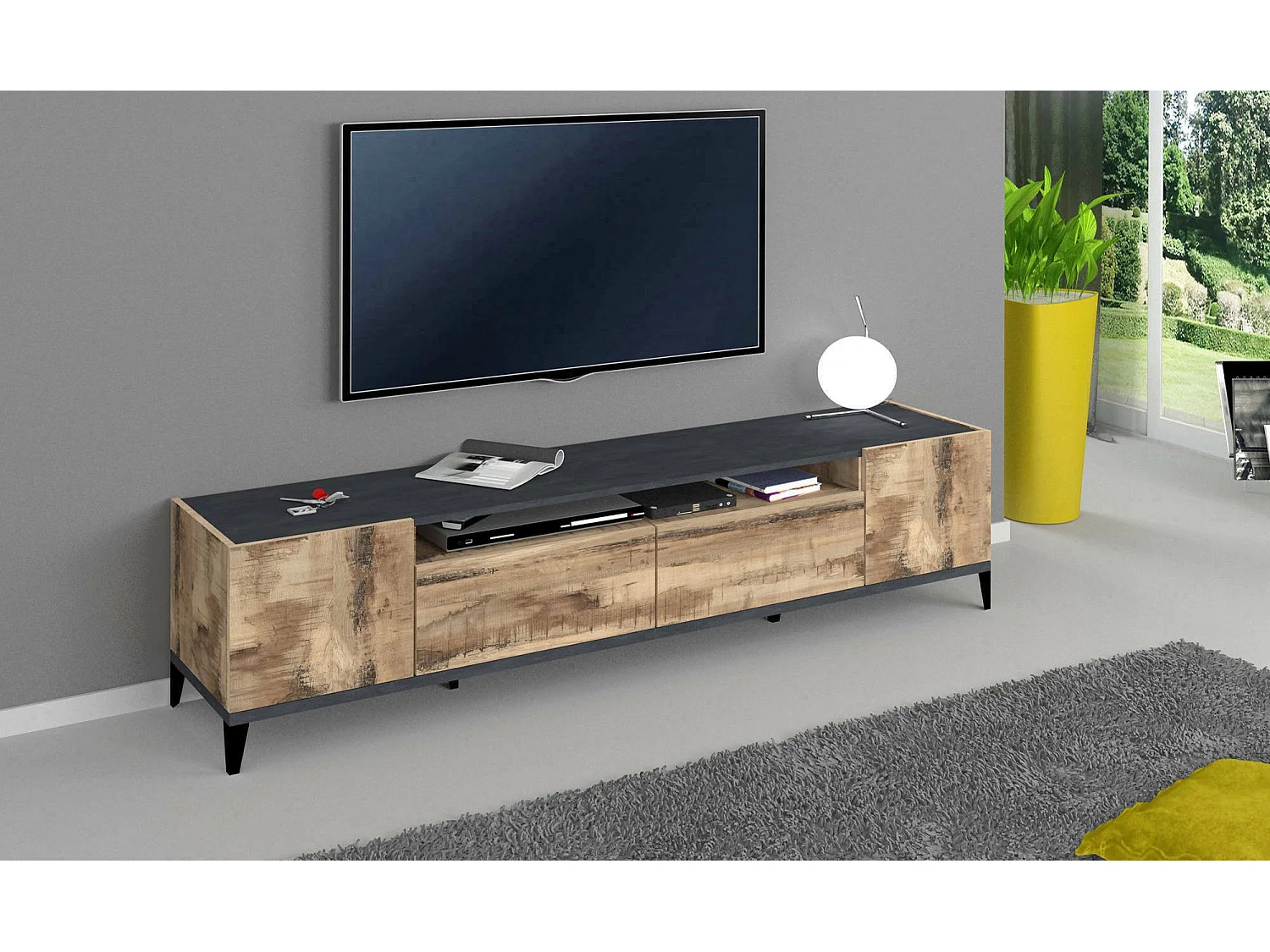 Móvel de TV Raffaele, Aparador baixo de sala com 2 portas, Base de móvel de televisão, 100% Fabricado na Itália, 200x40h47 cm, Ardósia e Bordo