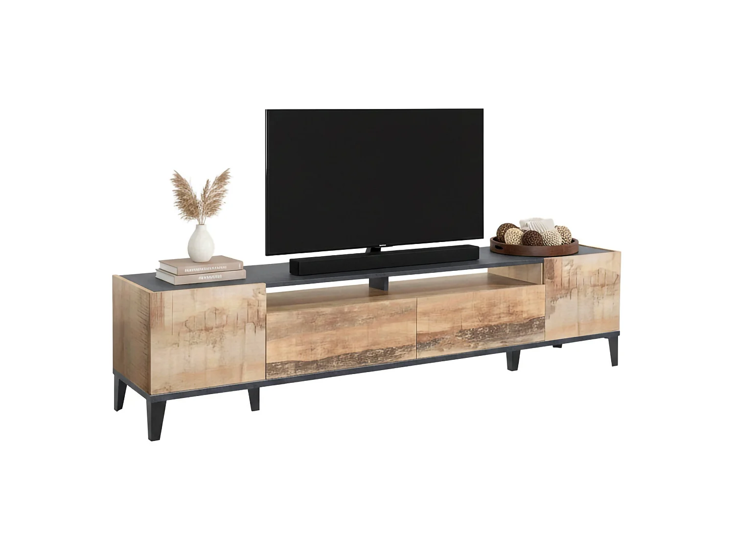 Móvel de TV Raffaele, Aparador baixo de sala com 2 portas, Base de móvel de televisão, 100% Fabricado na Itália, 200x40h47 cm, Ardósia e Bordo