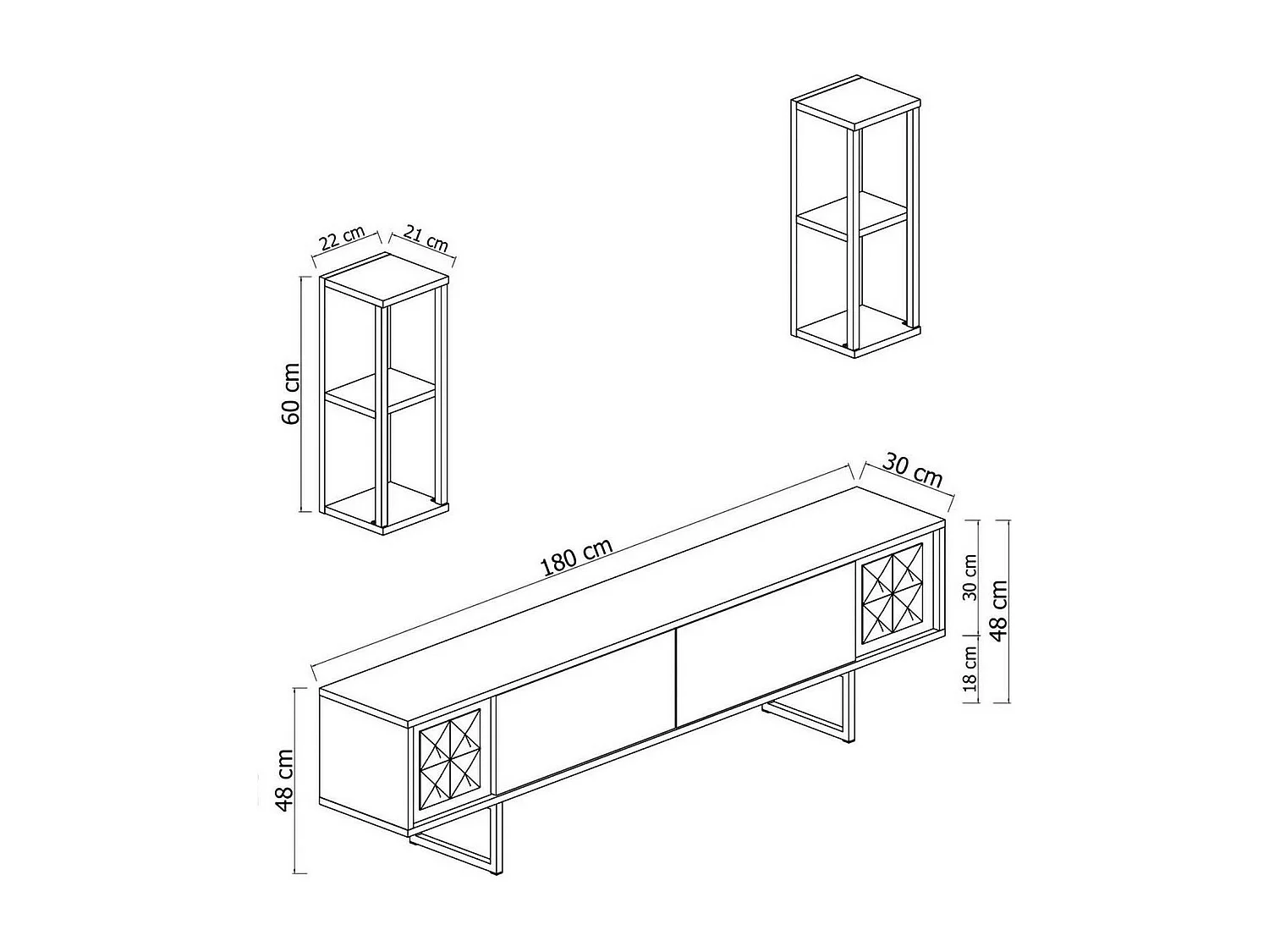 Meuble TV Ananke, Buffet de salon, Armoire basse pour TV, Base murale de rangement, 180x30h48 cm, Noyer et Noir