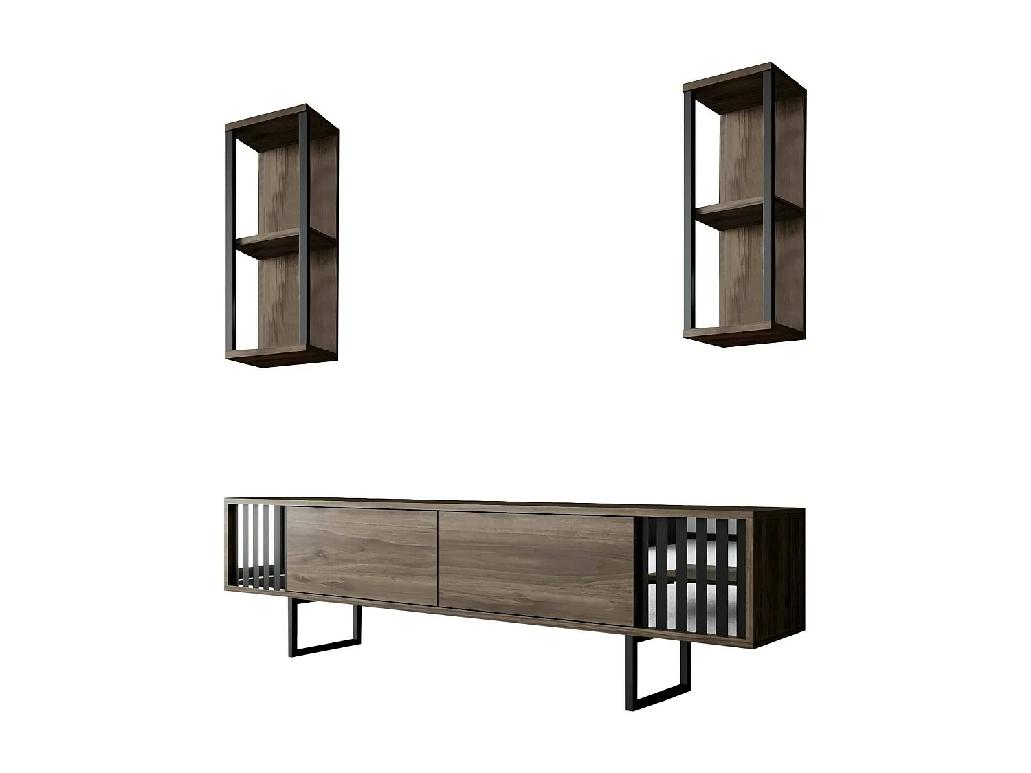 Meuble TV Ananke, Buffet de salon, Armoire basse pour TV, Base murale de rangement, 180x30h48 cm, Noyer et Noir