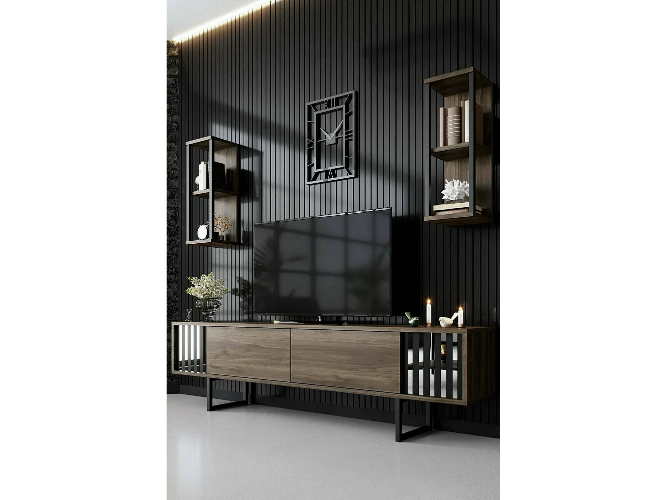 Meuble TV Ananke, Buffet de salon, Armoire basse pour TV, Base murale de rangement, 180x30h48 cm, Noyer et Noir