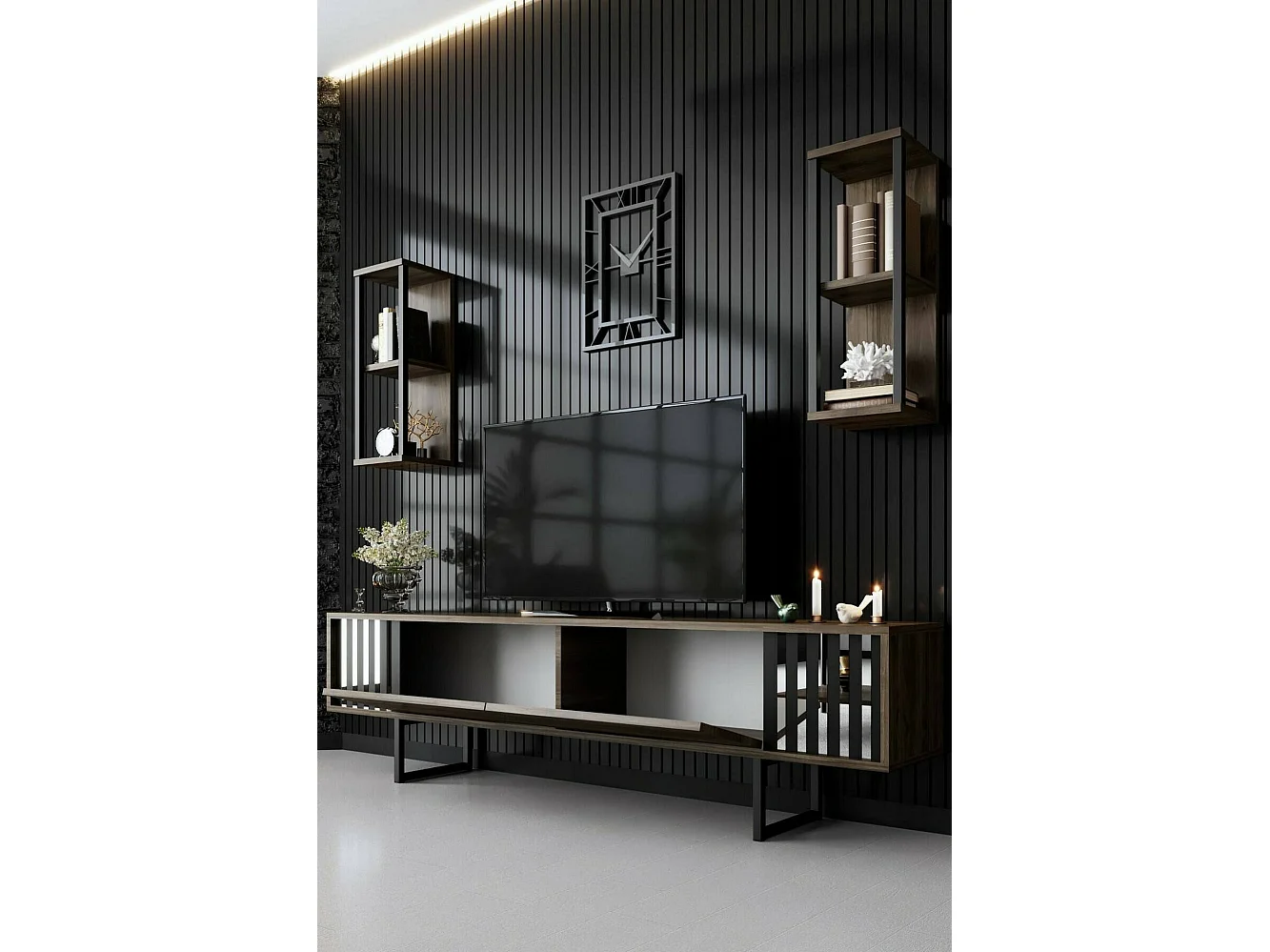 Meuble TV Ananke, Buffet de salon, Armoire basse pour TV, Base murale de rangement, 180x30h48 cm, Noyer et Noir
