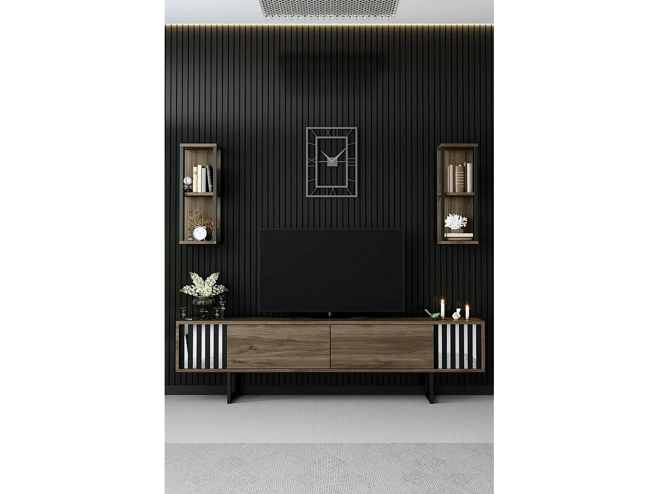 Meuble TV Ananke, Buffet de salon, Armoire basse pour TV, Base murale de rangement, 180x30h48 cm, Noyer et Noir