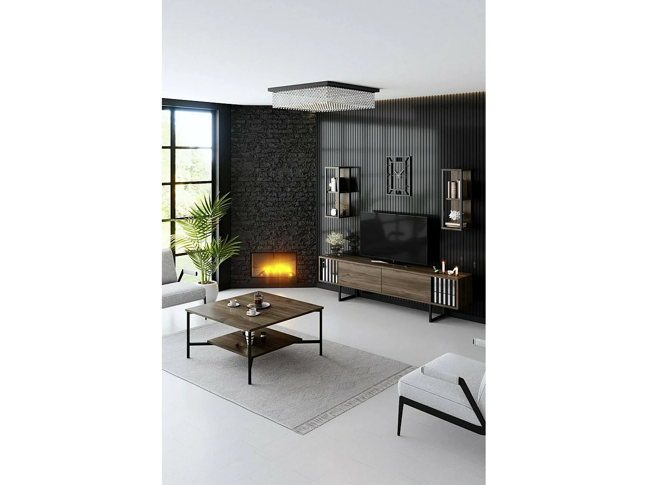 Meuble TV Ananke, Buffet de salon, Armoire basse pour TV, Base murale de rangement, 180x30h48 cm, Noyer et Noir