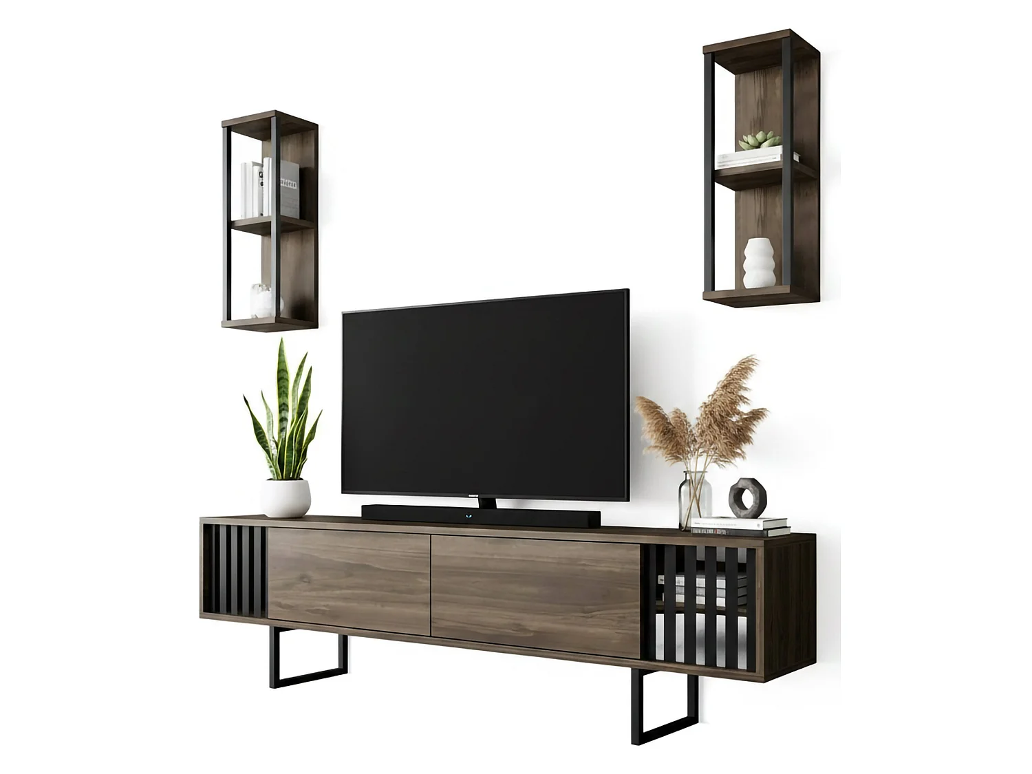 Meuble TV Ananke, Buffet de salon, Armoire basse pour TV, Base murale de rangement, 180x30h48 cm, Noyer et Noir