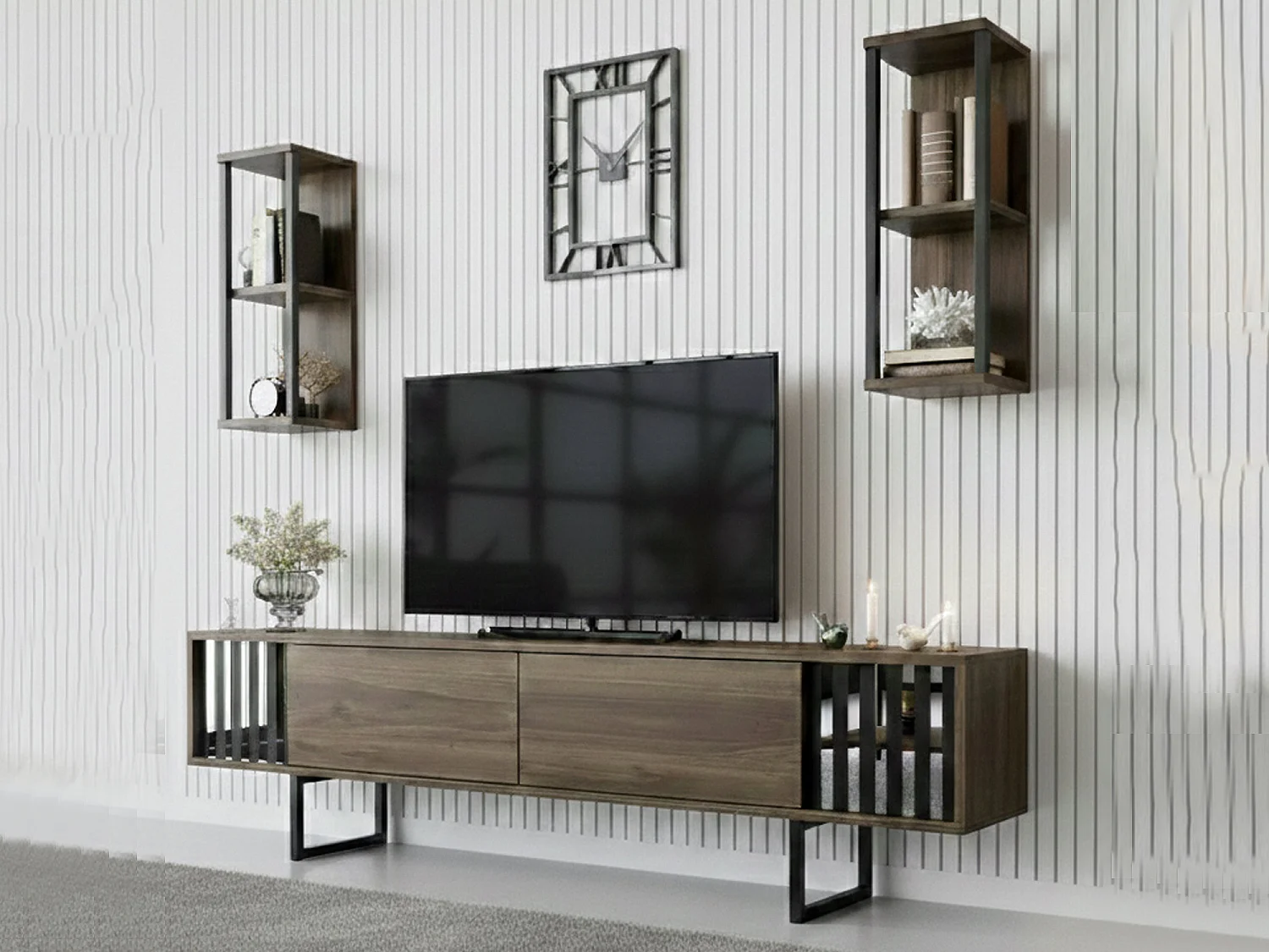 Meuble TV Ananke, Buffet de salon, Armoire basse pour TV, Base murale de rangement, 180x30h48 cm, Noyer et Noir