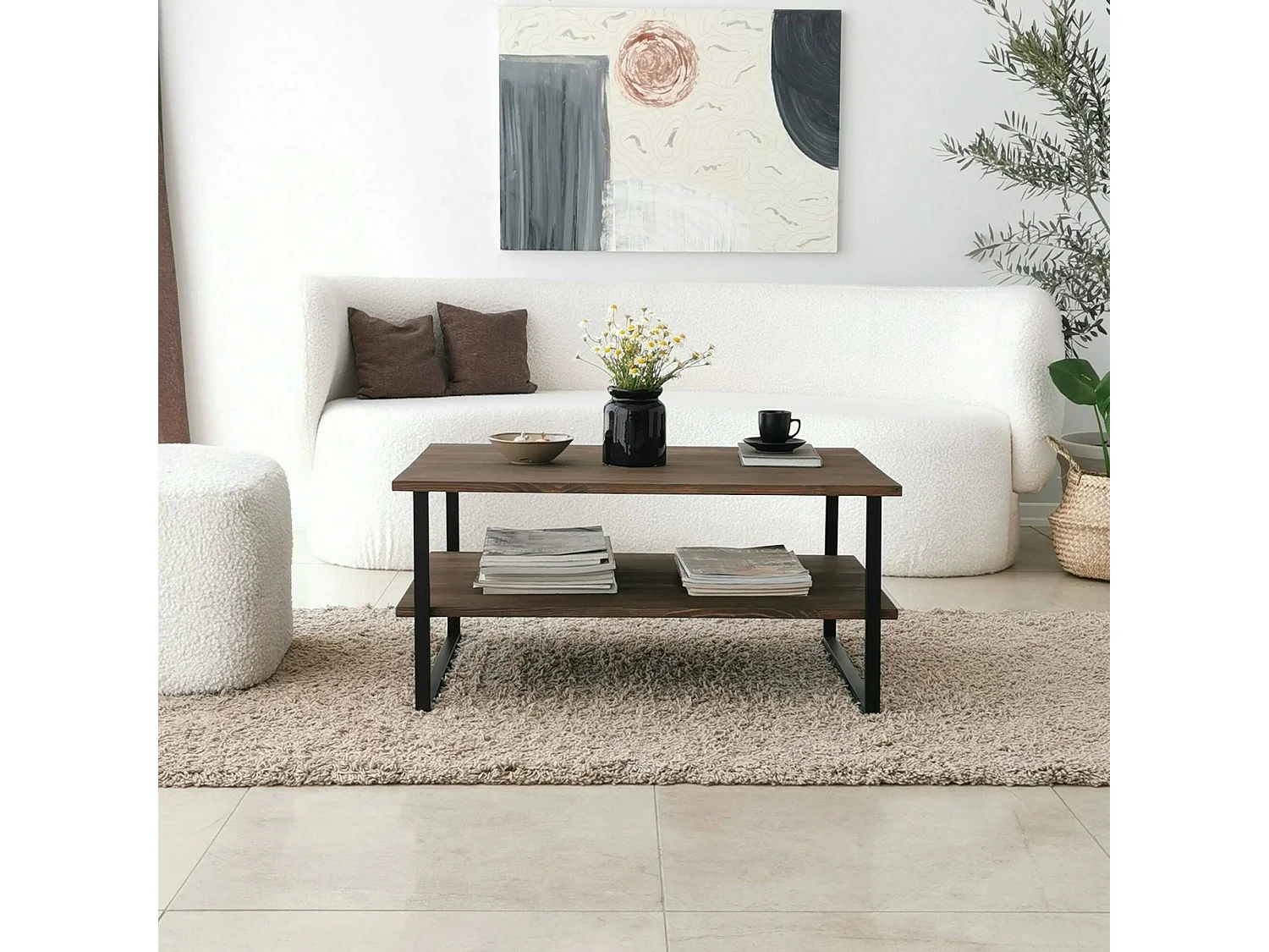 Wohnzimmertisch Dlionett, Niedriger Wohnzimmertisch, Kaffeeregal, Couchtisch für Sofa, 85x60h40 cm, Nussbaum