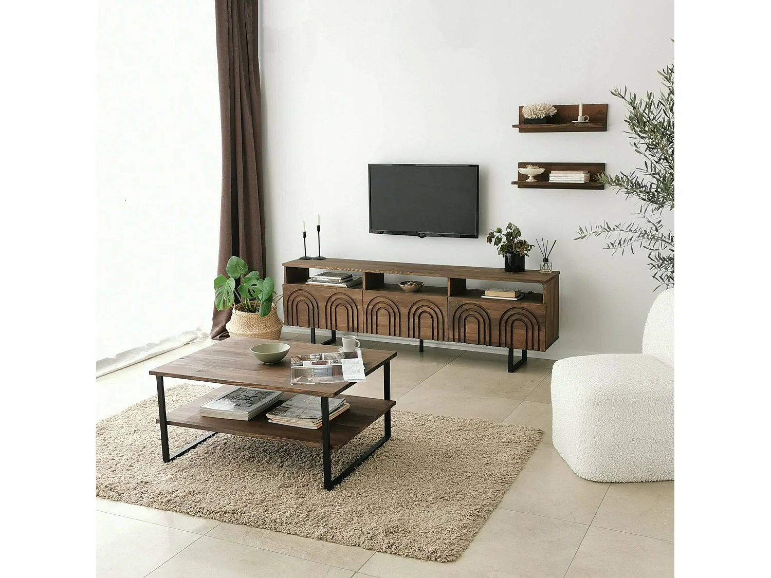 Wohnzimmertisch Dlionett, Niedriger Wohnzimmertisch, Kaffeeregal, Couchtisch für Sofa, 85x60h40 cm, Nussbaum