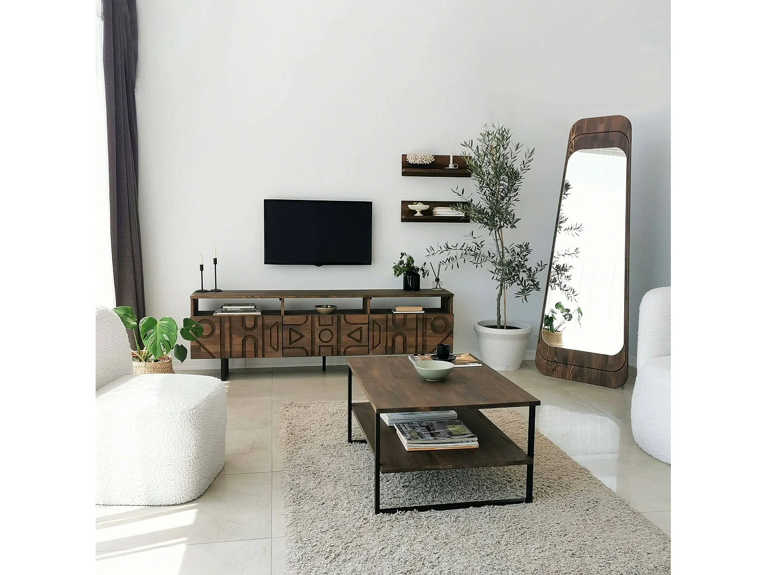 Wohnzimmertisch Dlionett, Niedriger Wohnzimmertisch, Kaffeeregal, Couchtisch für Sofa, 85x60h40 cm, Nussbaum