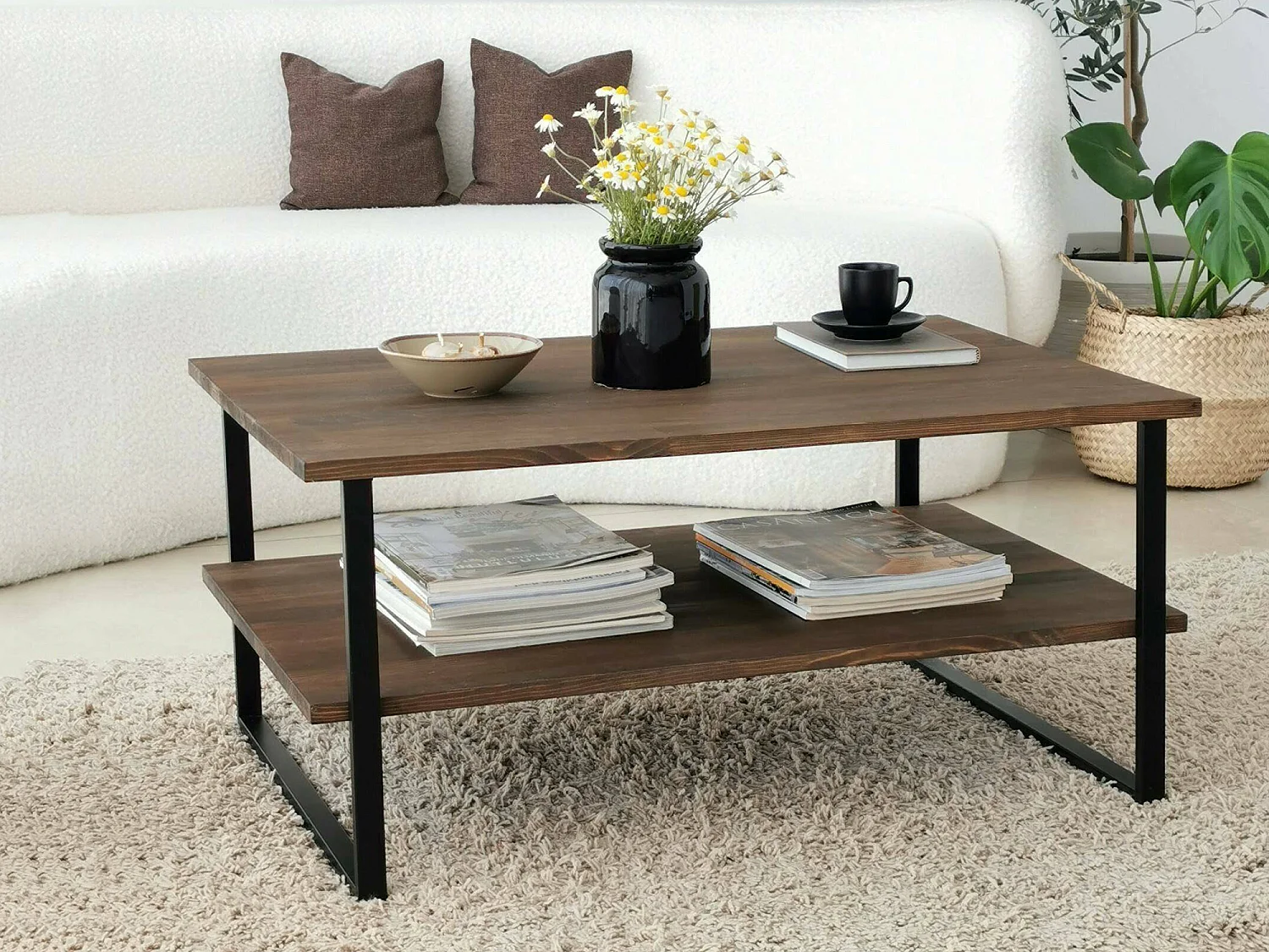 Wohnzimmertisch Dlionett, Niedriger Wohnzimmertisch, Kaffeeregal, Couchtisch für Sofa, 85x60h40 cm, Nussbaum